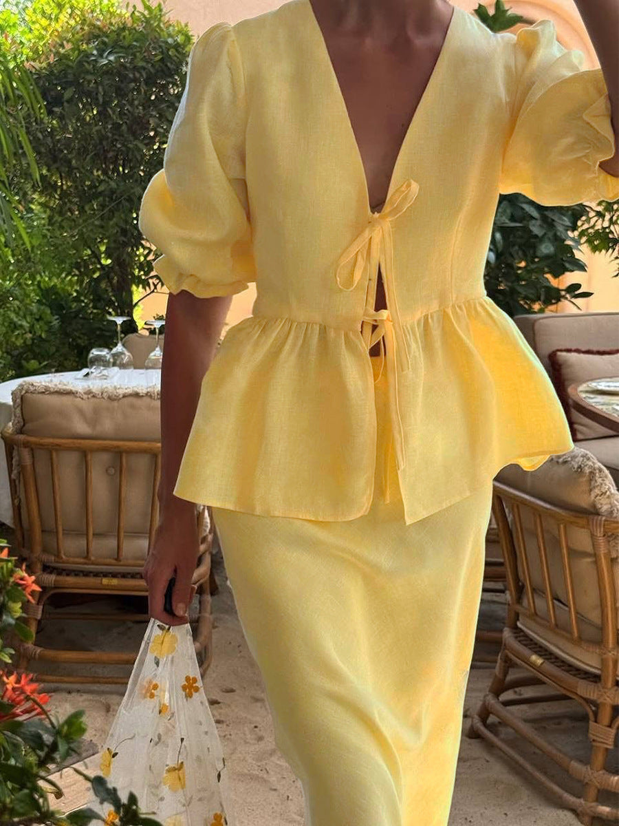 Yellow V-Neck Short Sleeves Midi Skirt Ensemble Ruffled Wedding Guest Dresses Suits