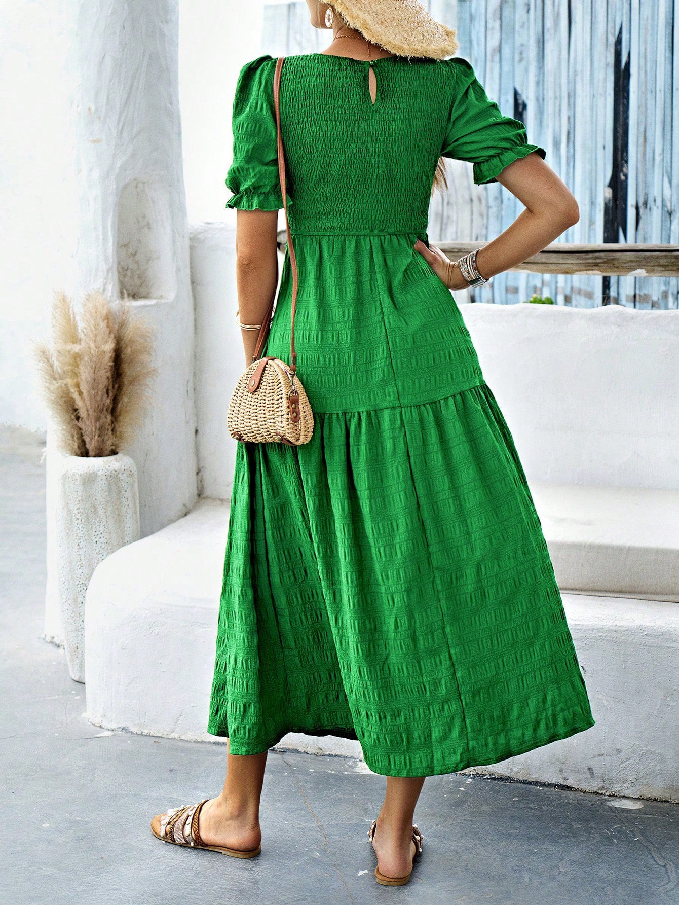 Green Short Sleeves Wedding Guest Dress