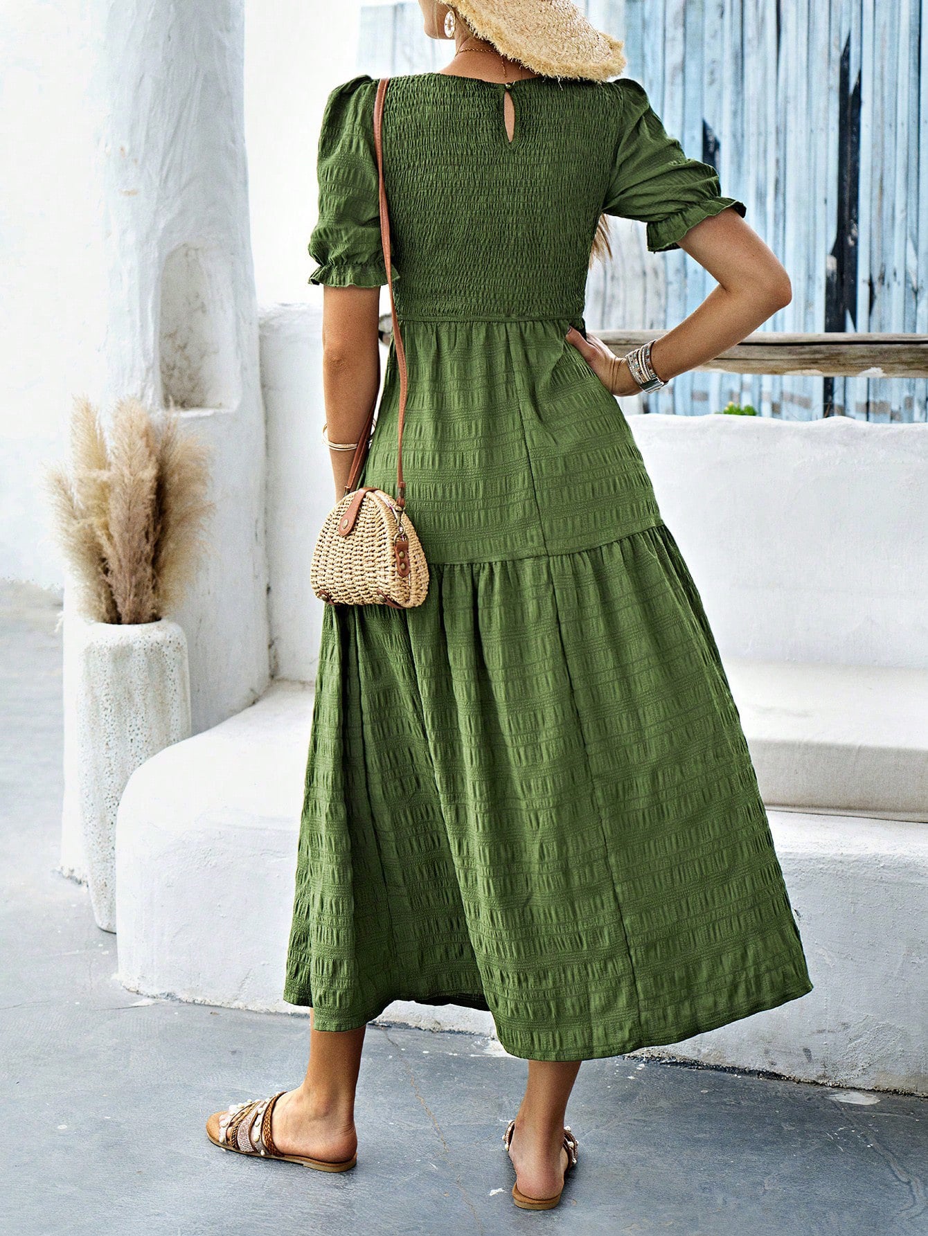 Olive Green Short Sleeves Wedding Guest Dress
