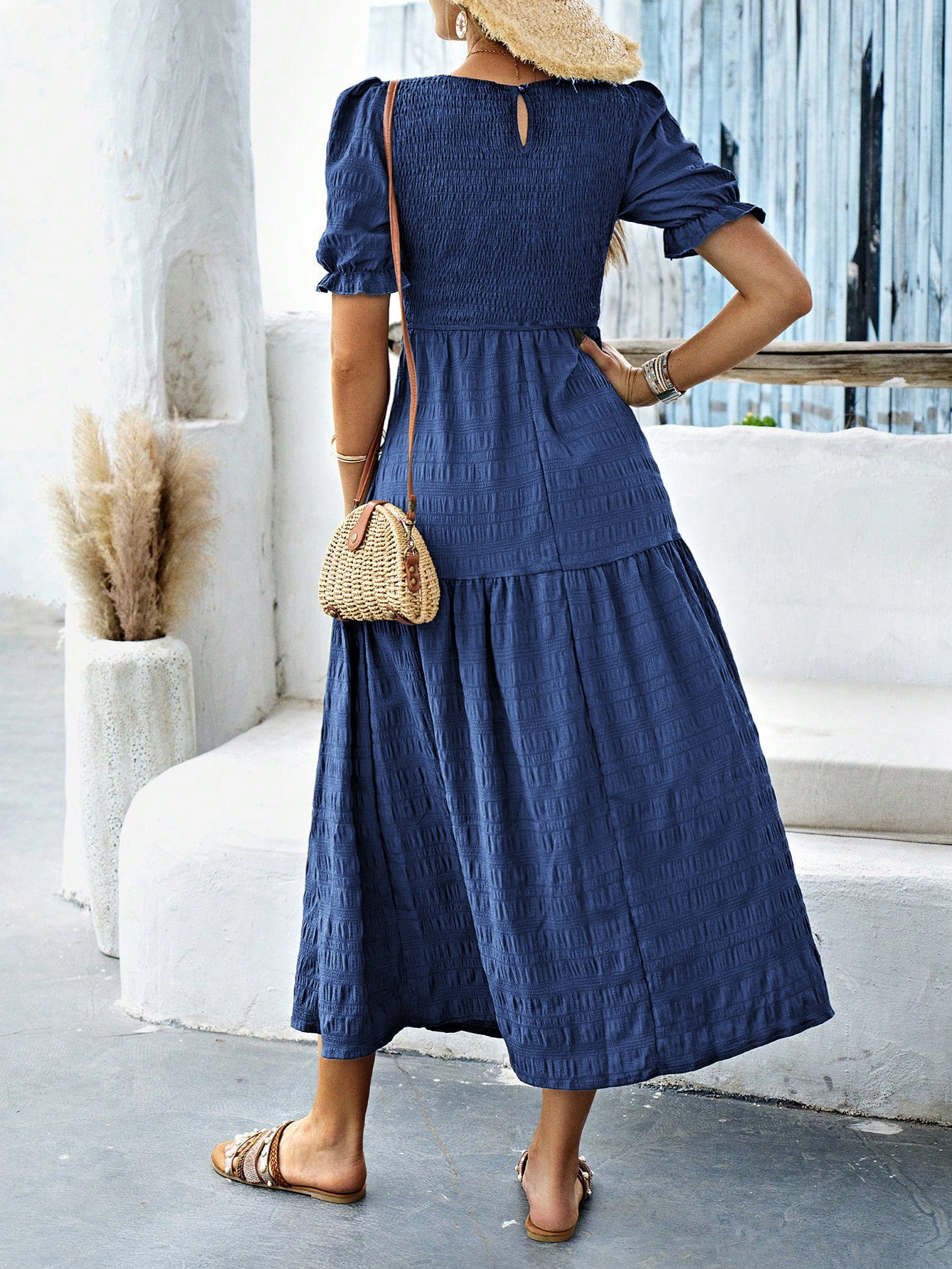 Navy Blue Short Sleeves Wedding Guest Dress