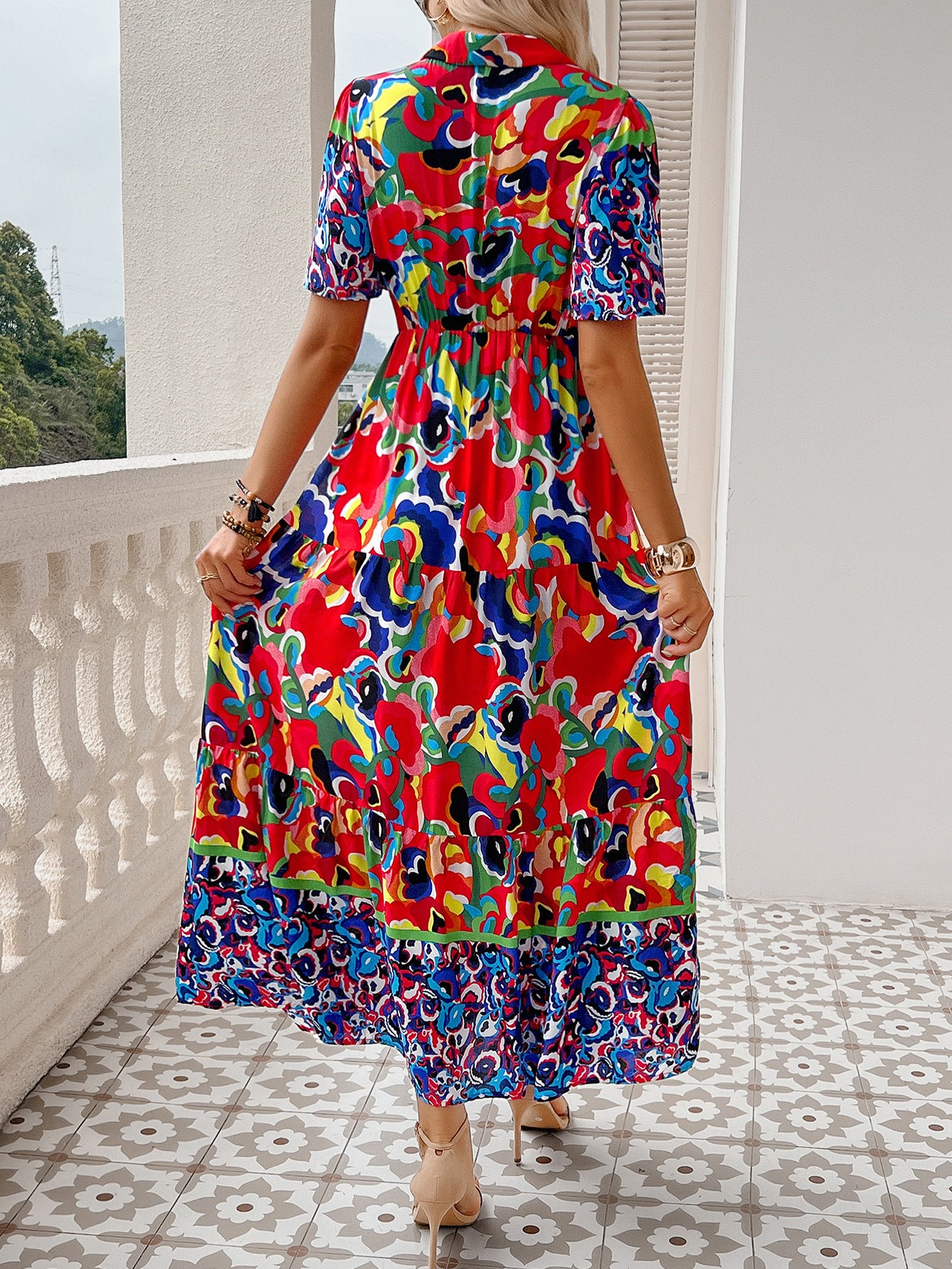 Contrast Print Navy Blue Short Sleeves V-Neck Wedding Guest Dress