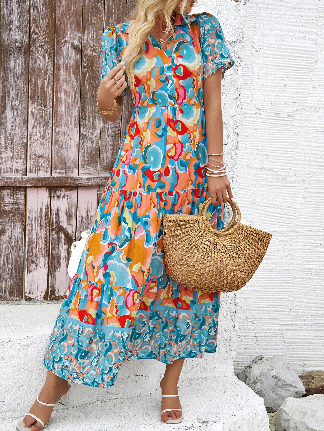 Contrast Print Jade Short Sleeves V-Neck Wedding Guest Dress Contrast Print Jade Short Sleeves V-Neck Wedding Guest Dress