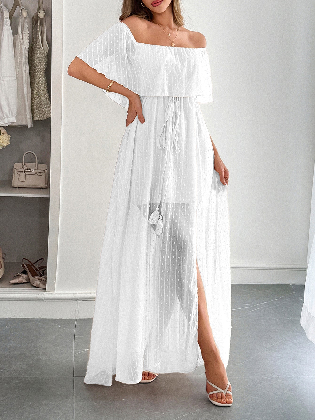 White Off The Shoulder Tulle Wedding Guest Dress, White / M
