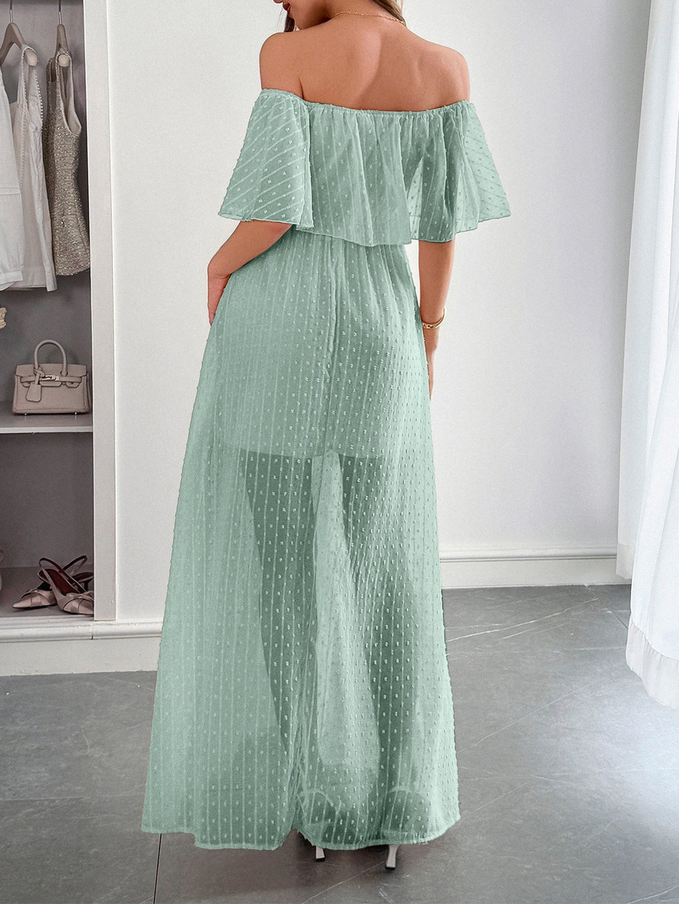 Celadon Off The Shoulder Tulle Wedding Guest Dress