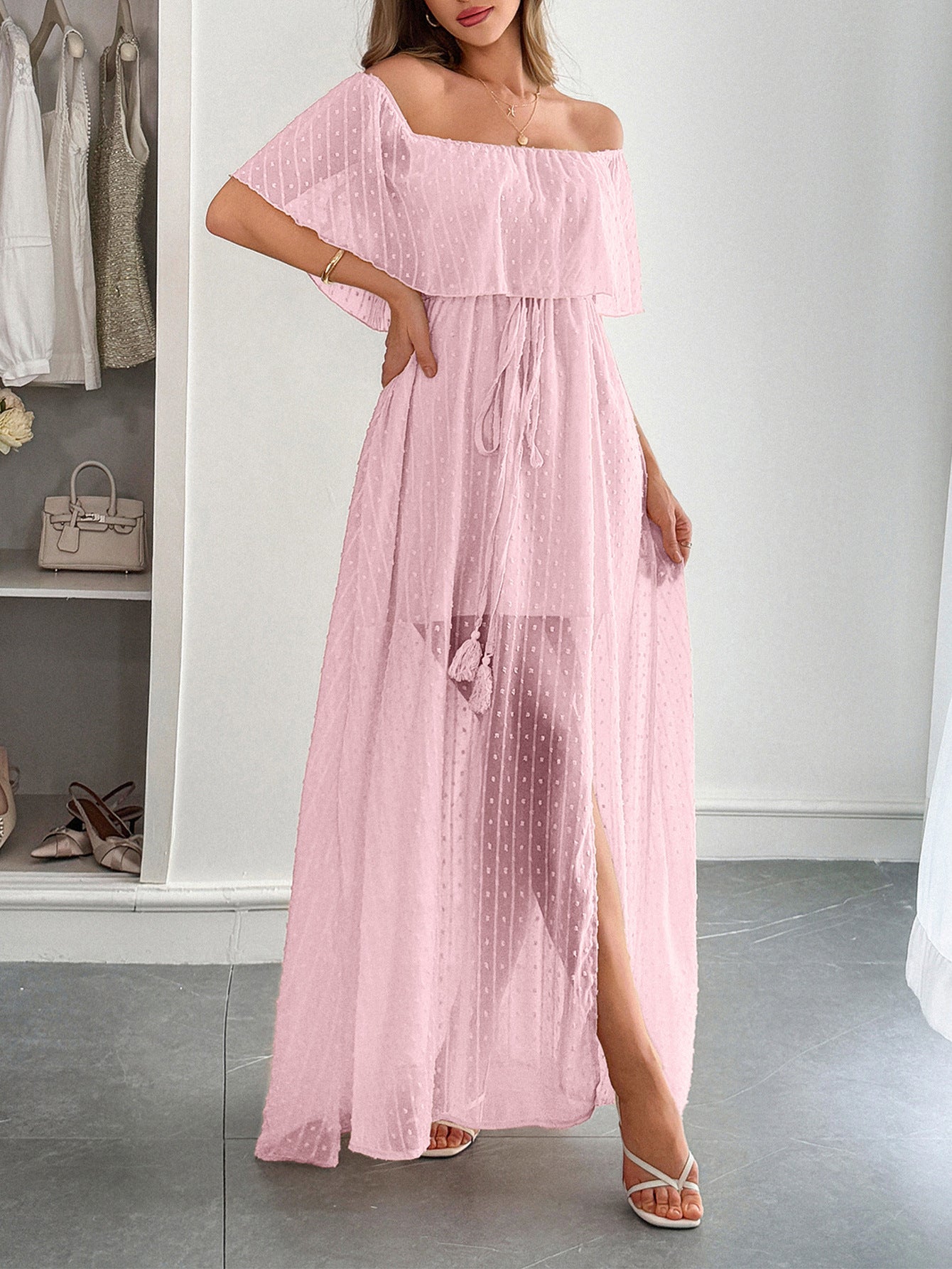 pink tulle wedding guest dress Elegant Floral Appliques Rose Pink Sleeveless A-line Wedding Guest Dre AlineBridal