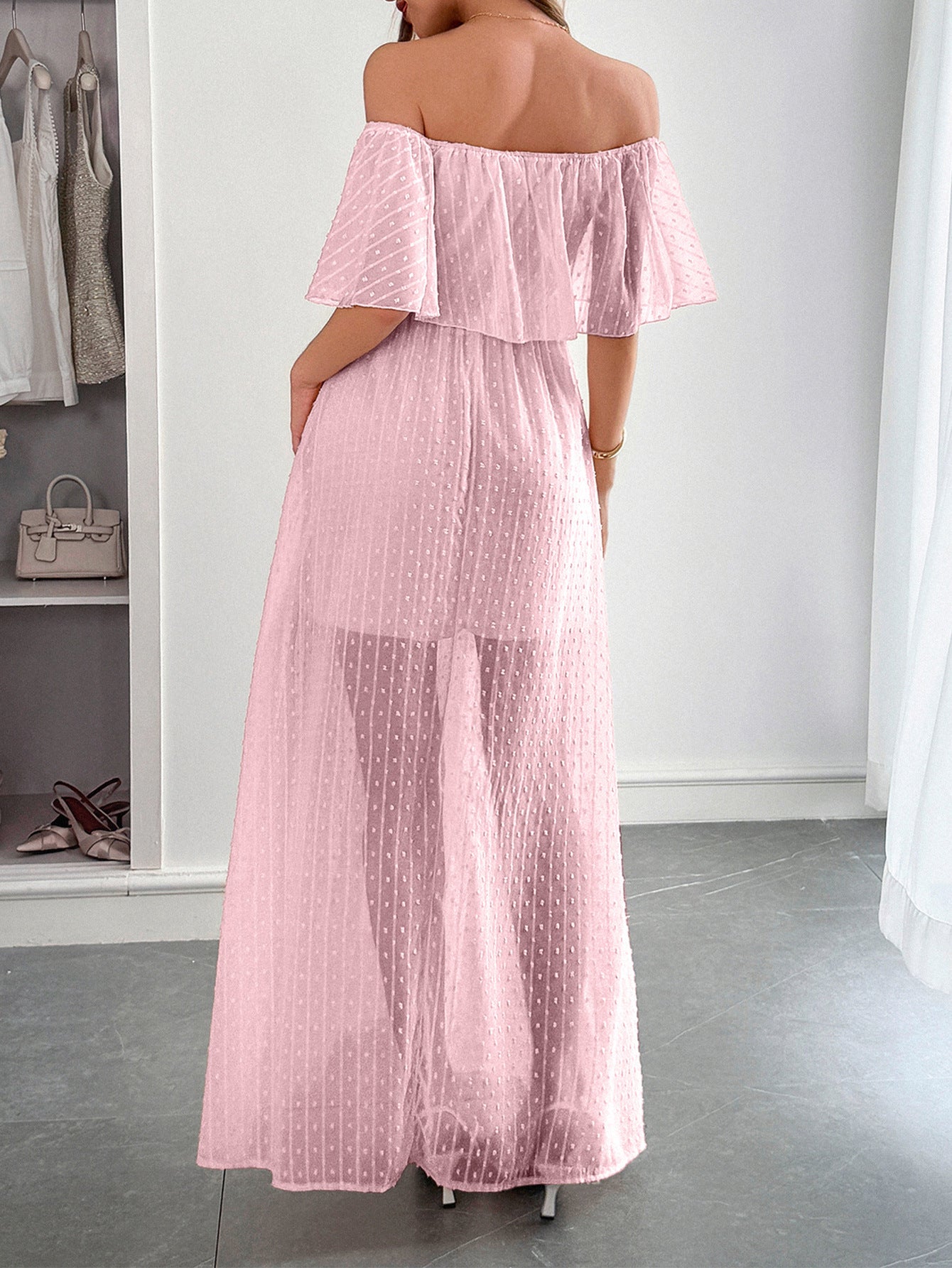 Pink Off The Shoulder Tulle Wedding Guest Dress