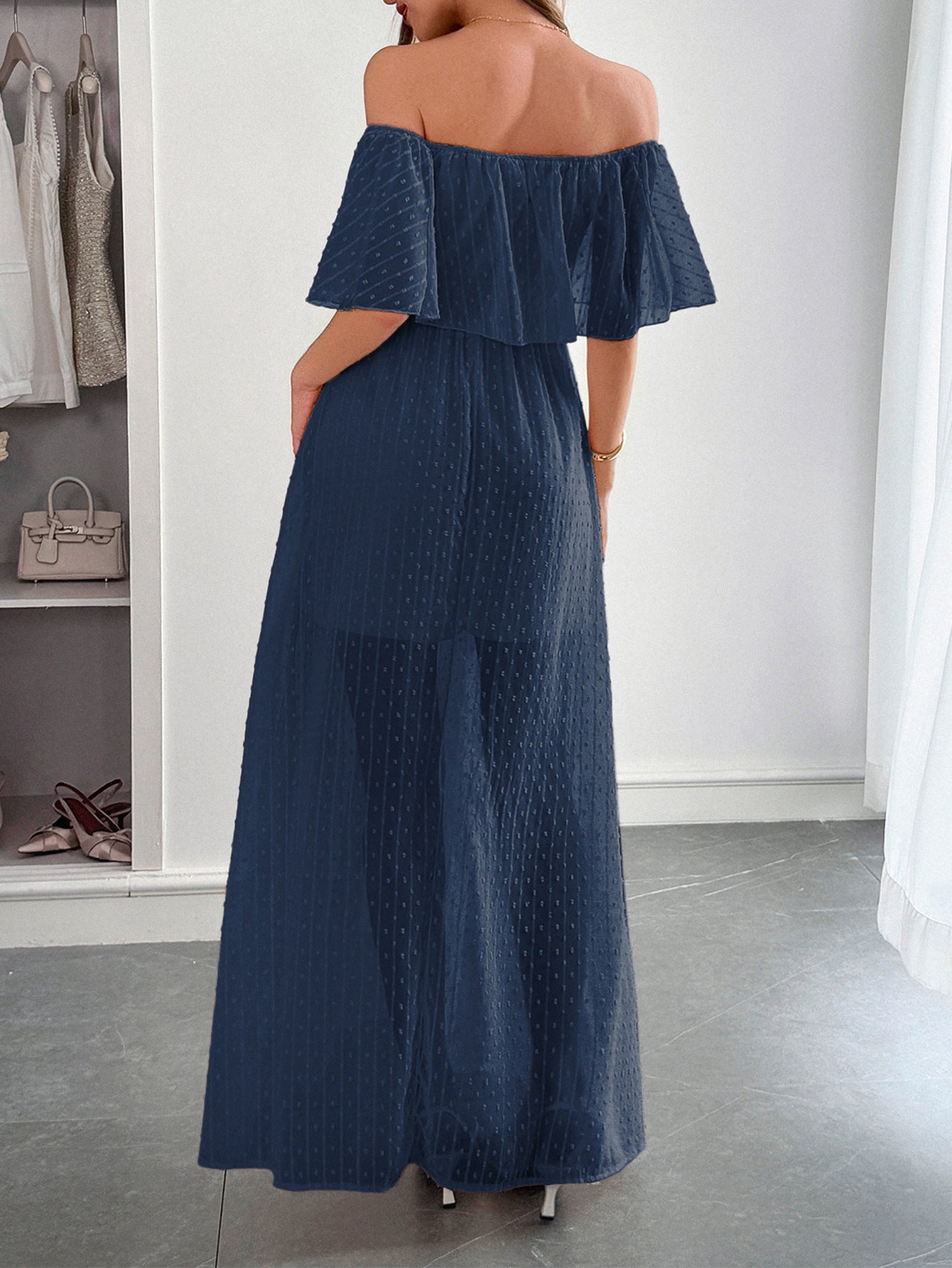 Dark Navy Off The Shoulder Tulle Wedding Guest Dress