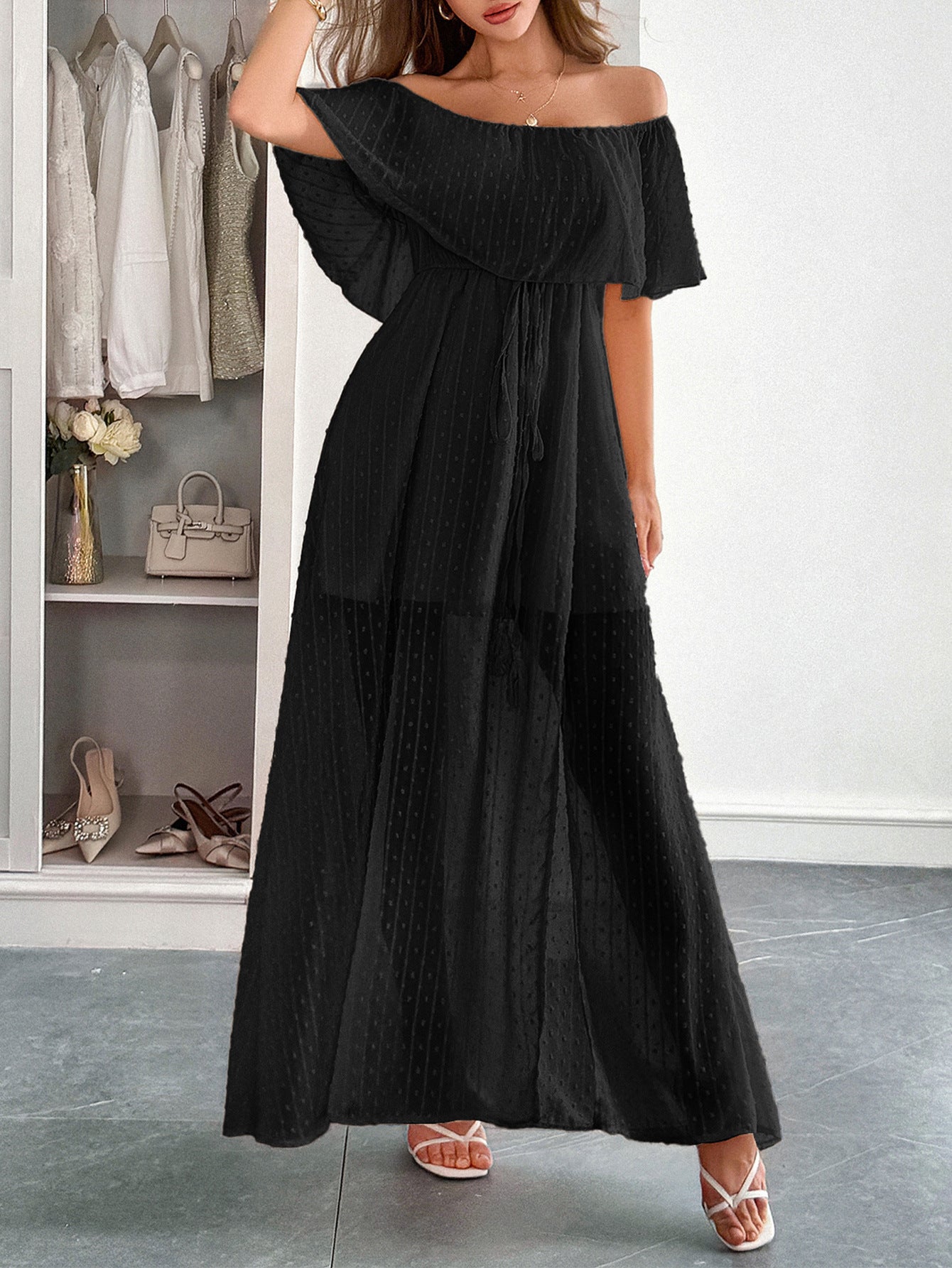Black Off The Shoulder Tulle Wedding Guest Dress, Black / S Black Off The Shoulder Tulle Wedding Guest Dress, Black / S