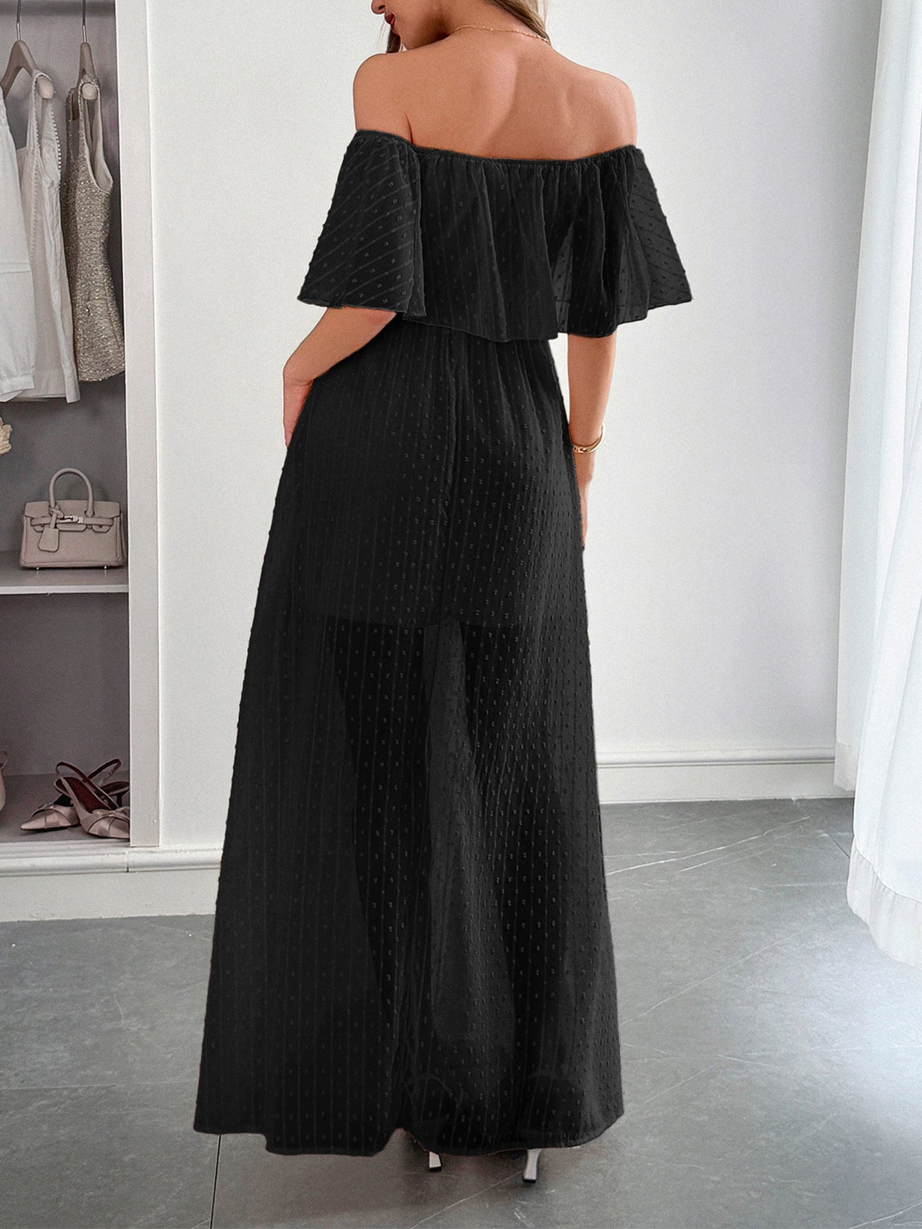 Black Off The Shoulder Tulle Wedding Guest Dress