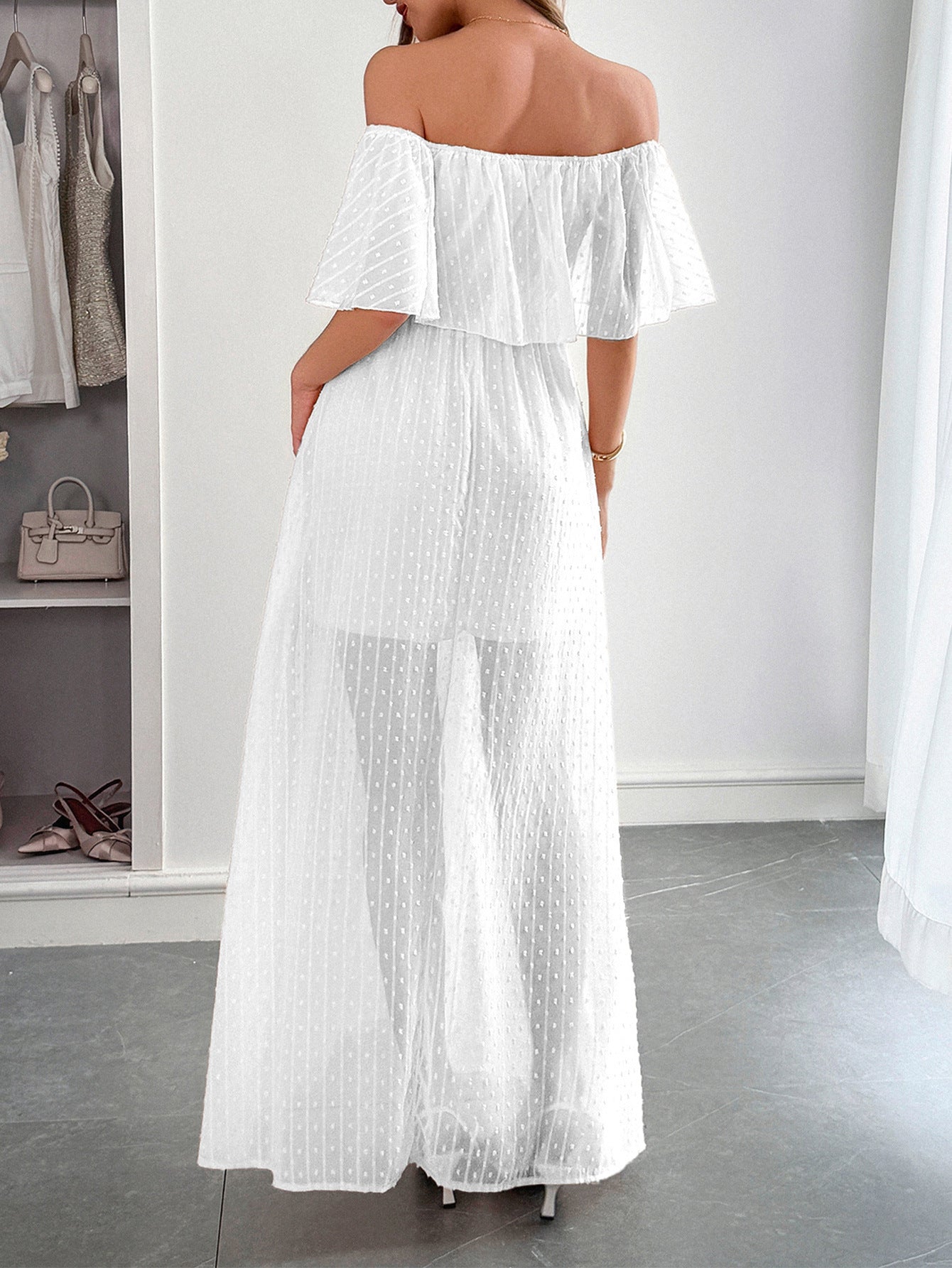 White Off The Shoulder Tulle Wedding Guest Dress