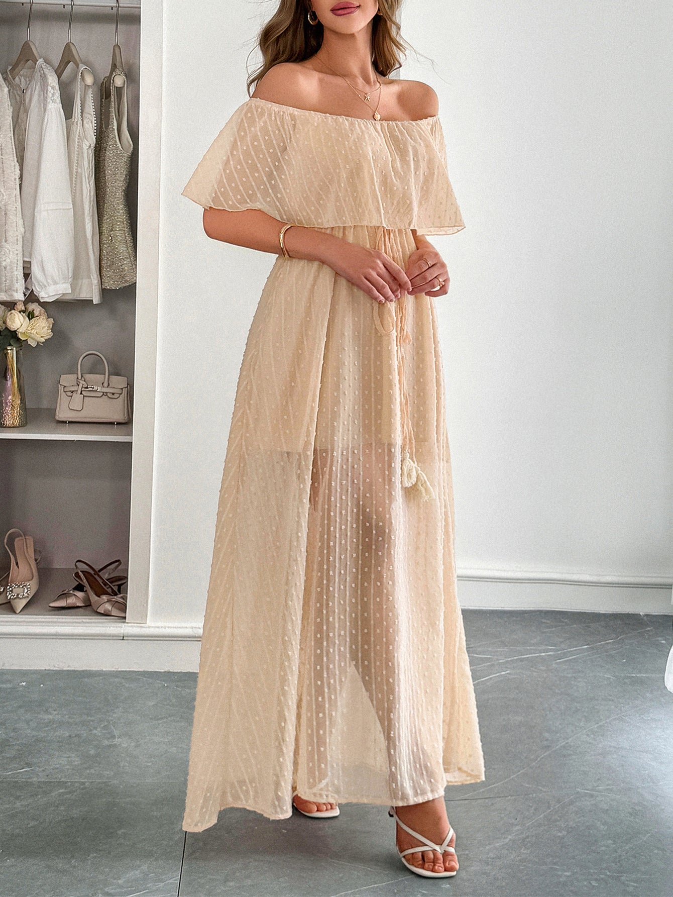 Peach Off The Shoulder Tulle Wedding Guest Dress, Peach / M Peach Off The Shoulder Tulle Wedding Guest Dress, Peach / M