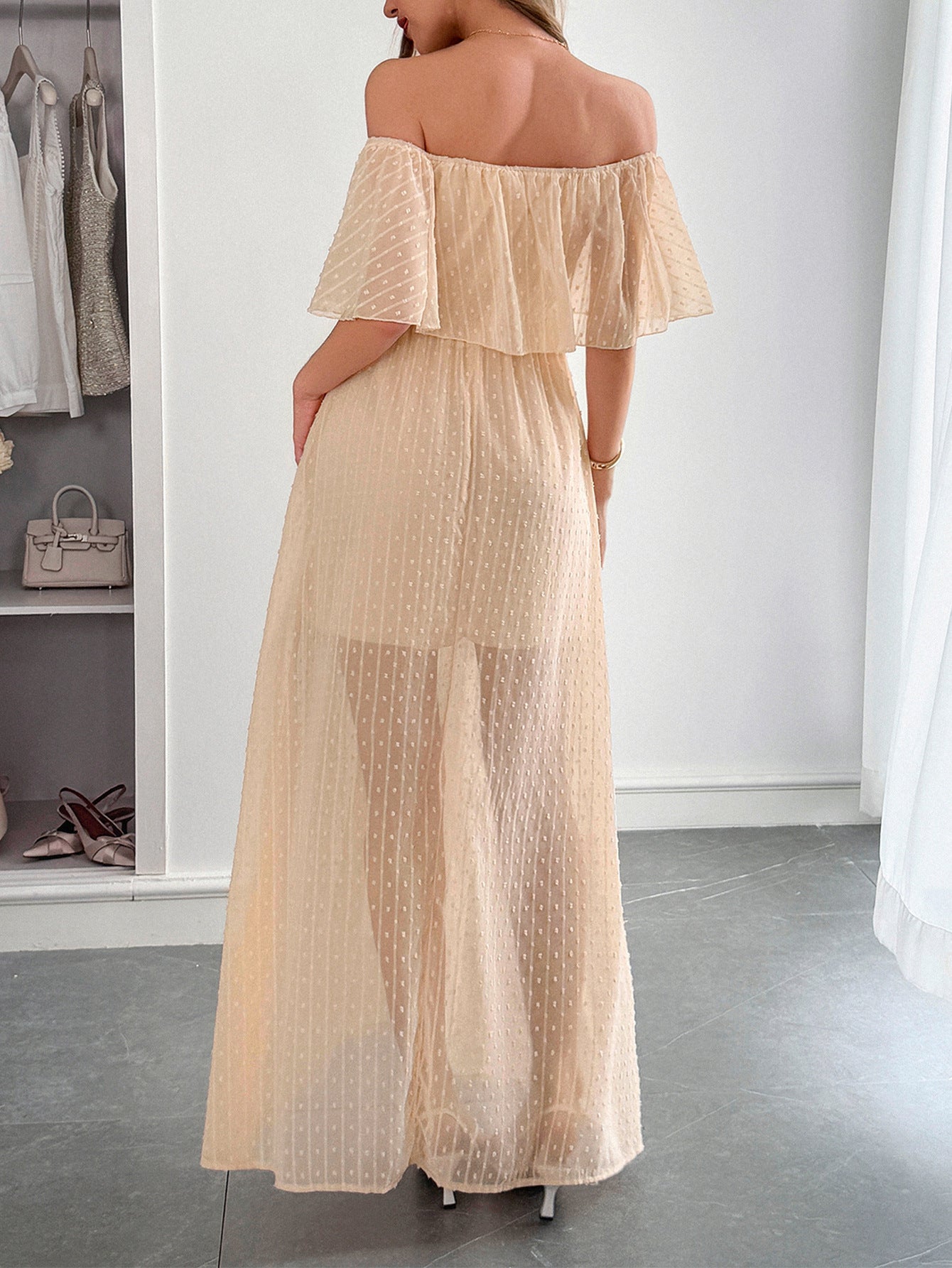 Peach Off The Shoulder Tulle Wedding Guest Dress
