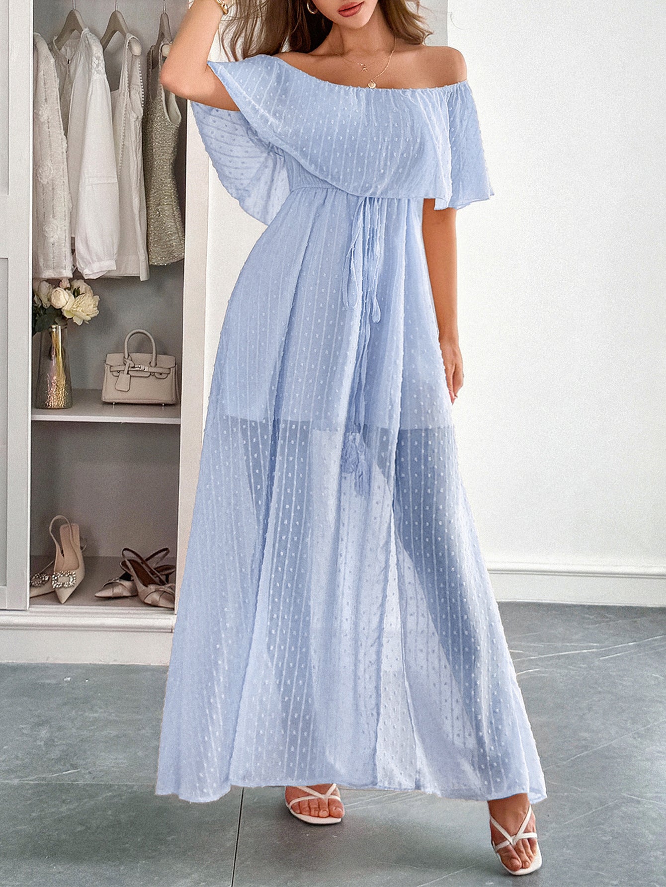 Blue Off The Shoulder Tulle Wedding Guest Dress, Blue / XL