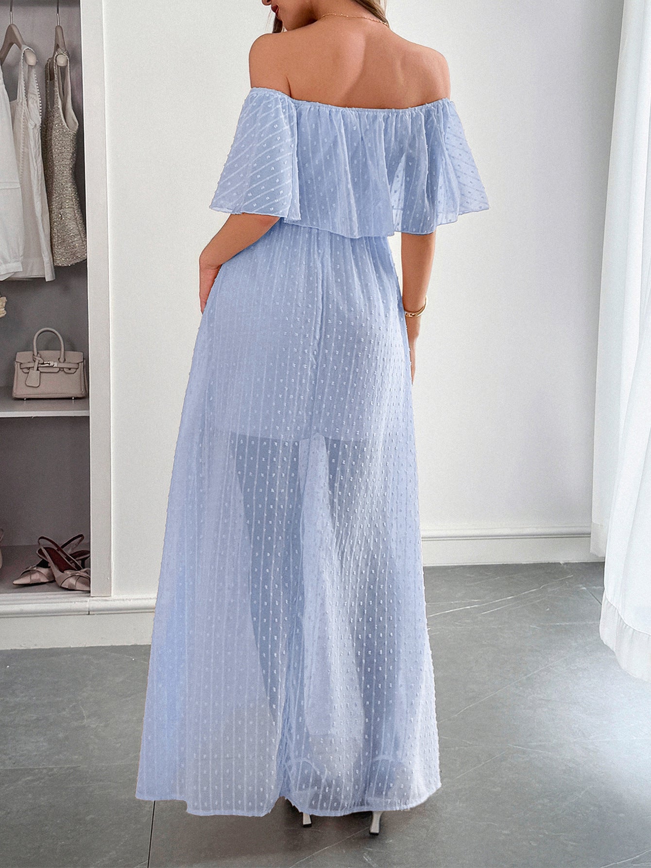 Blue Off The Shoulder Tulle Wedding Guest Dress