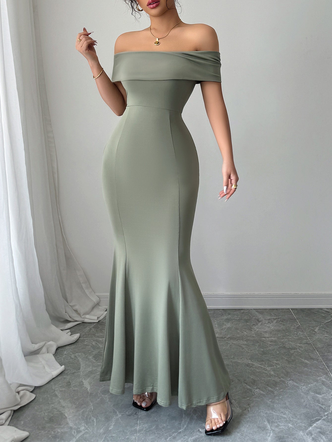 Trumpet/Mermaid Bodycon Off the Shoulder Dusty Sage Wedding Guest Dress, Dusty_Sage / XL Trumpet/Mermaid Bodycon Off the Shoulder Dusty Sage Wedding Guest Dress, Dusty_Sage / XL