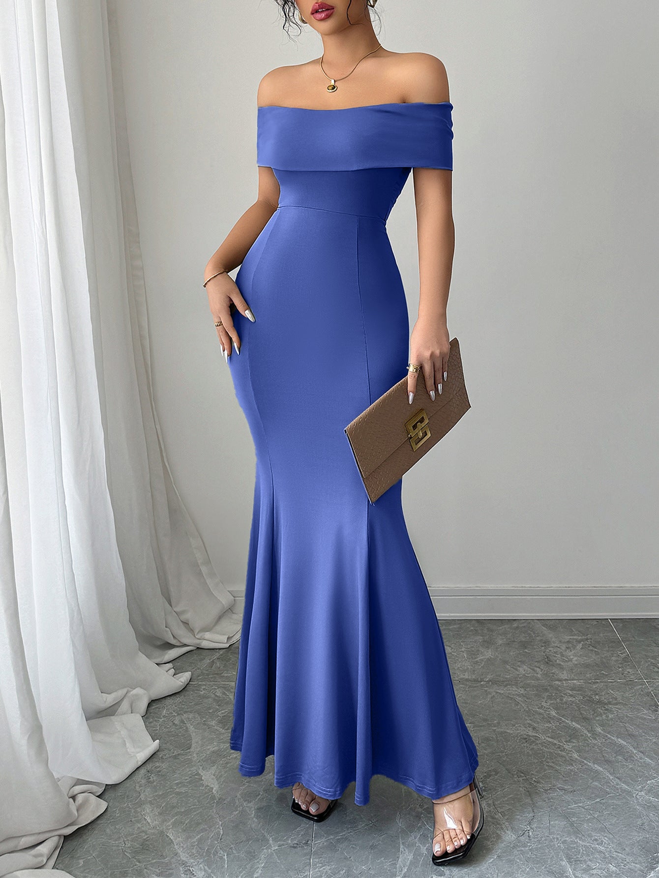 Trumpet/Mermaid Bodycon Off the Shoulder Blue Wedding Guest Dress Trumpet/Mermaid Bodycon Off the Shoulder Blue Wedding Guest Dress