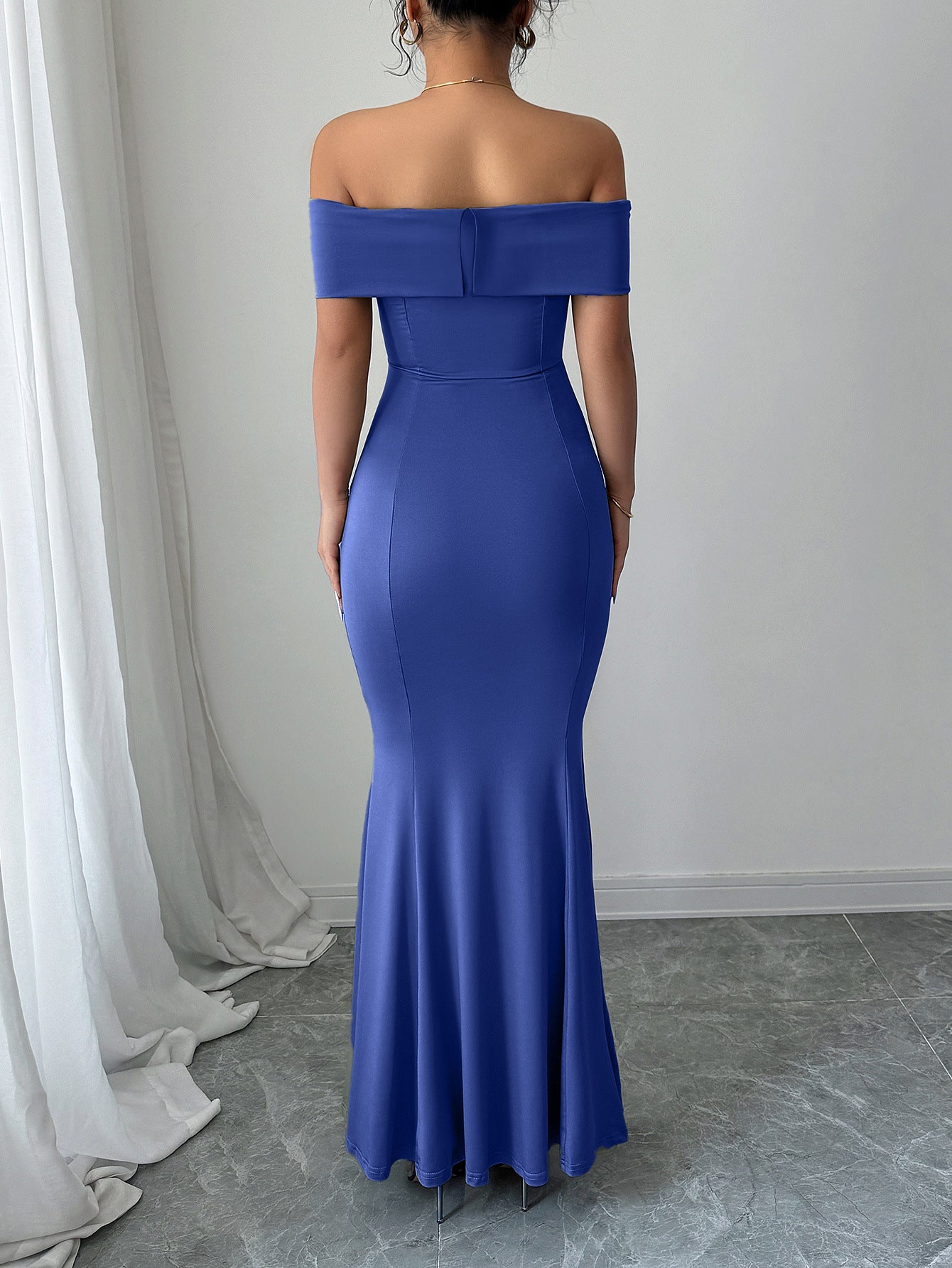 Trumpet/Mermaid Bodycon Off the Shoulder Blue Wedding Guest Dress