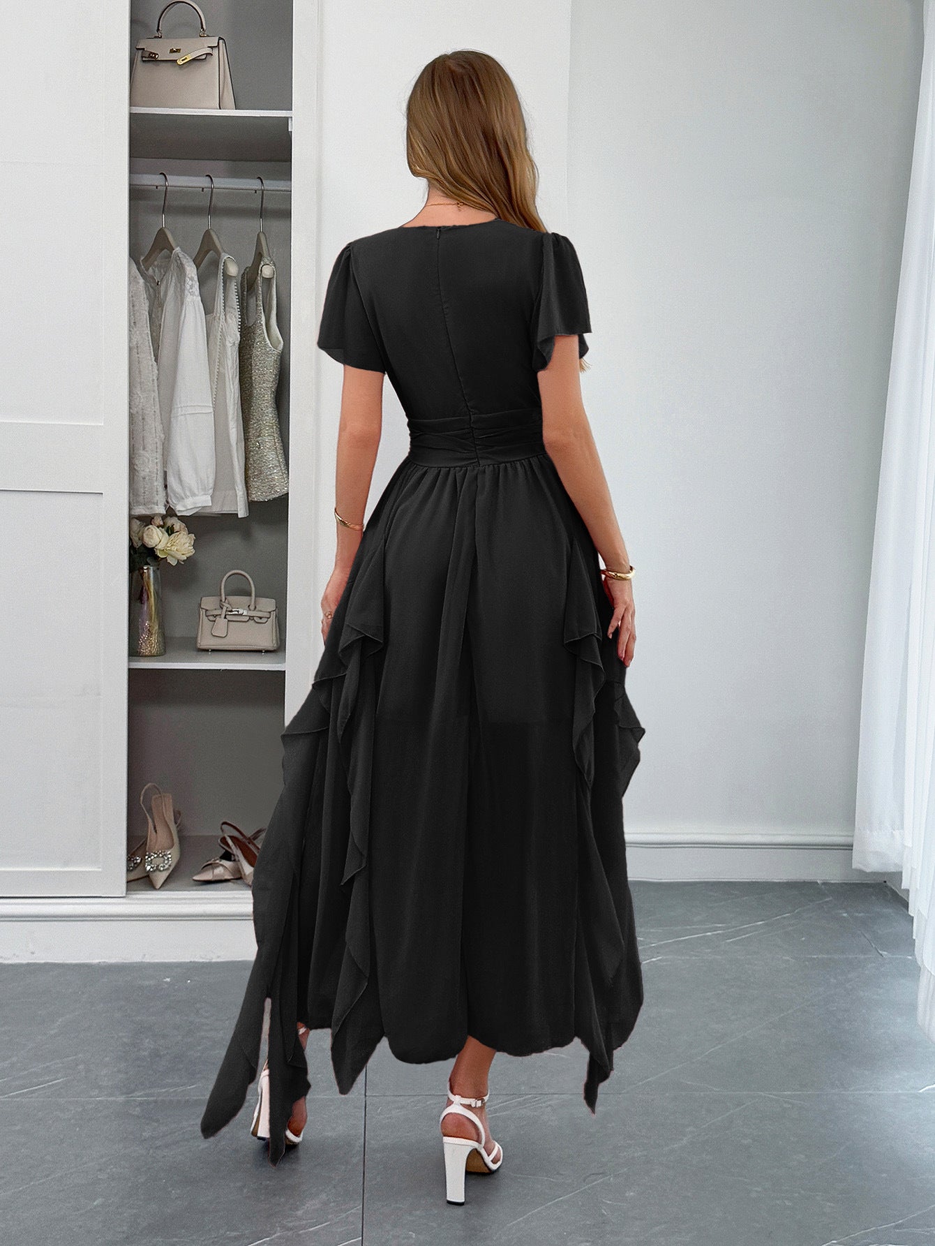 Black A-Line V-Neck Short Sleeves Wedding Guest Dress with Ruffles Side