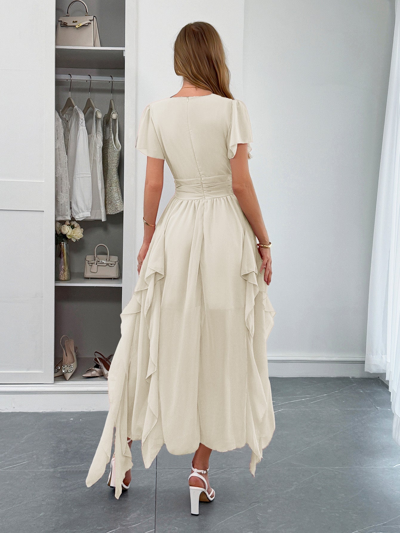 Apricot A-Line V-Neck Short Sleeves Wedding Guest Dress with Ruffles Side