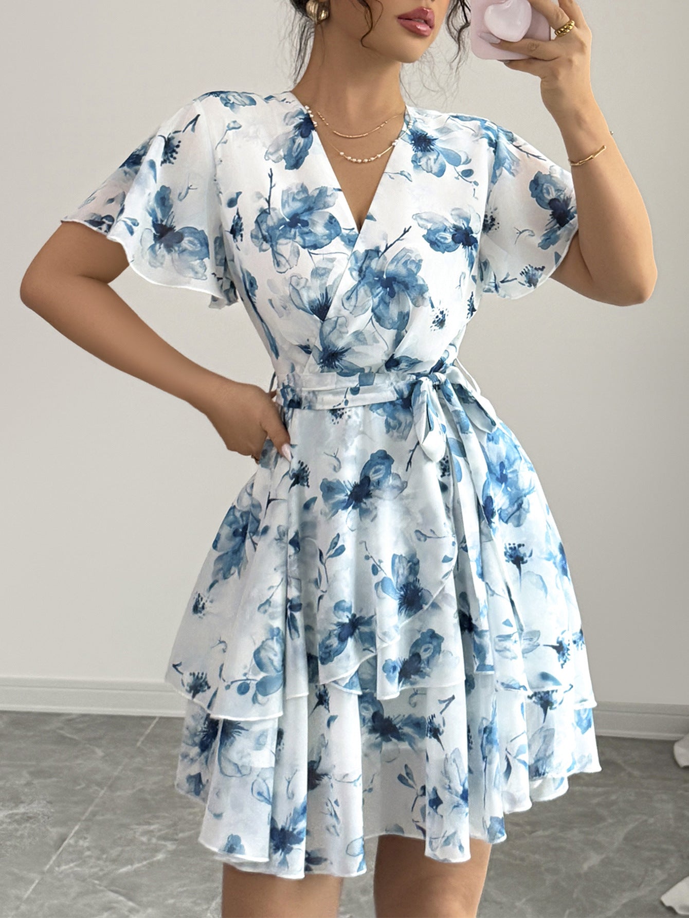 Blue Floral V-Neck Short Sleeves Wedding Guest Dress with Belt, Blue / M Blue Floral V-Neck Short Sleeves Wedding Guest Dress with Belt, Blue / M