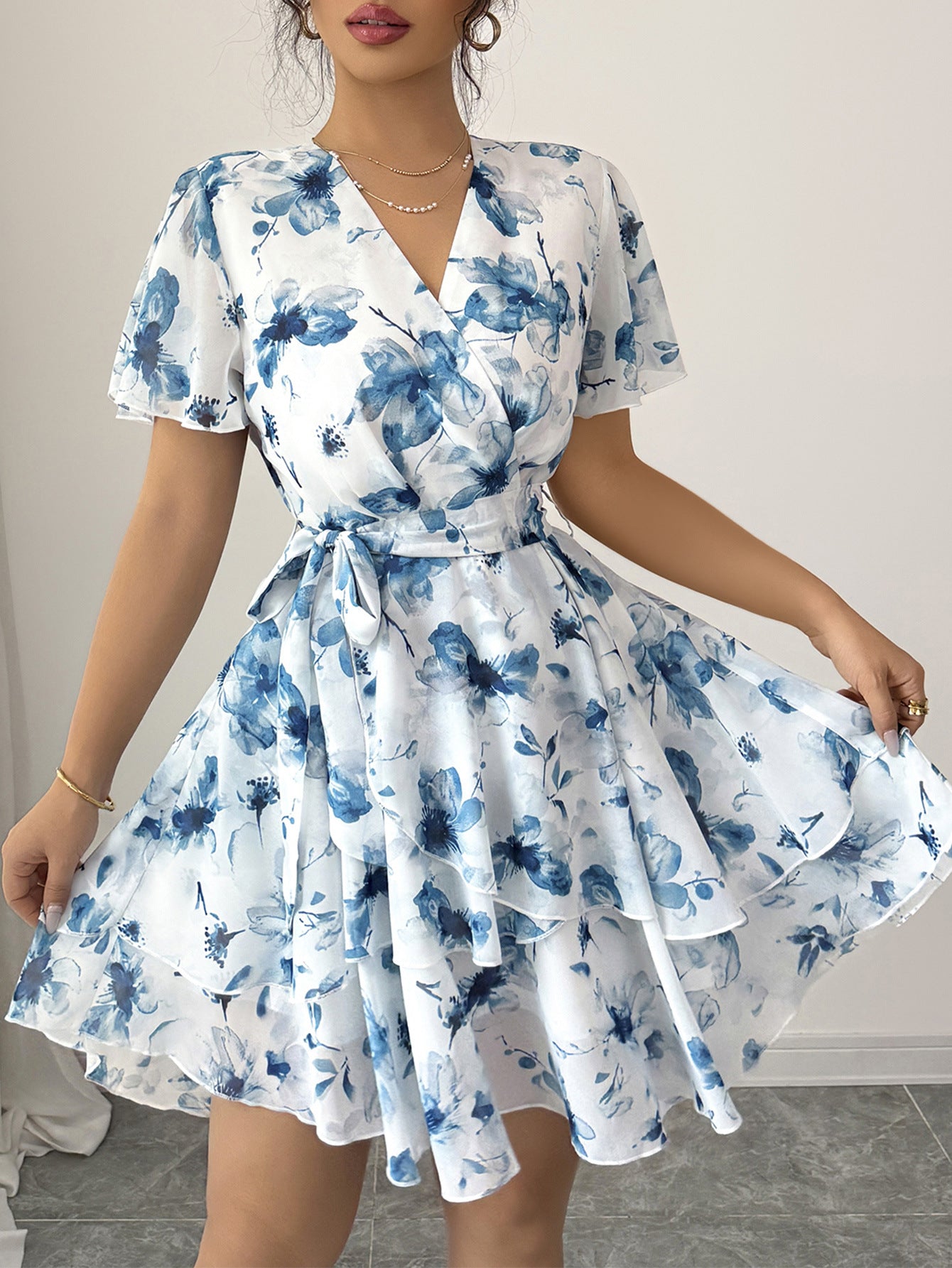 Blue Floral V-Neck Short Sleeves Wedding Guest Dress with Belt