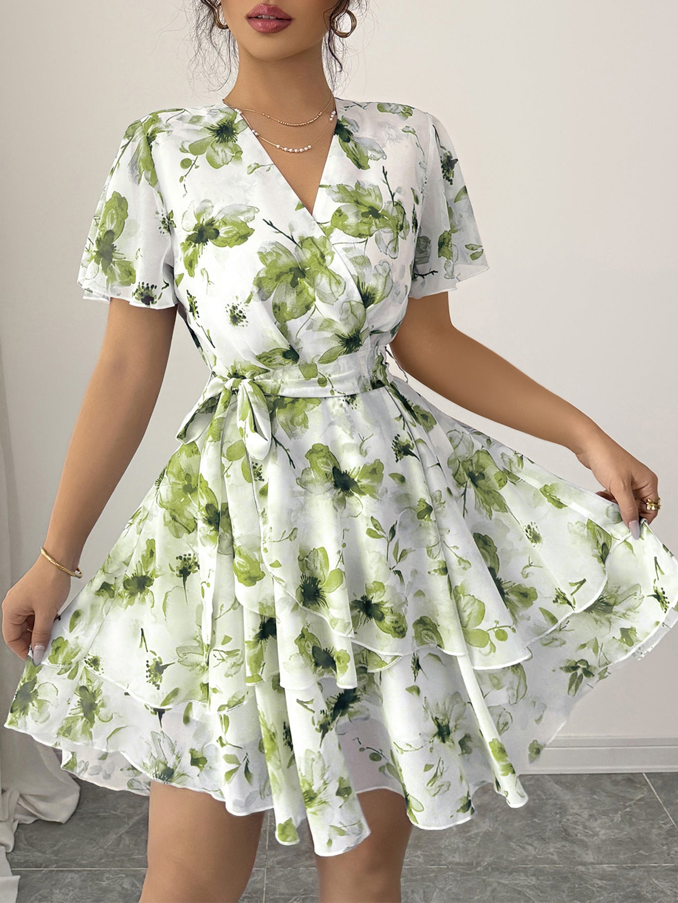 Moss Floral V-Neck Short Sleeves Wedding Guest Dress with Belt, Moss / M Moss Floral V-Neck Short Sleeves Wedding Guest Dress with Belt, Moss / M
