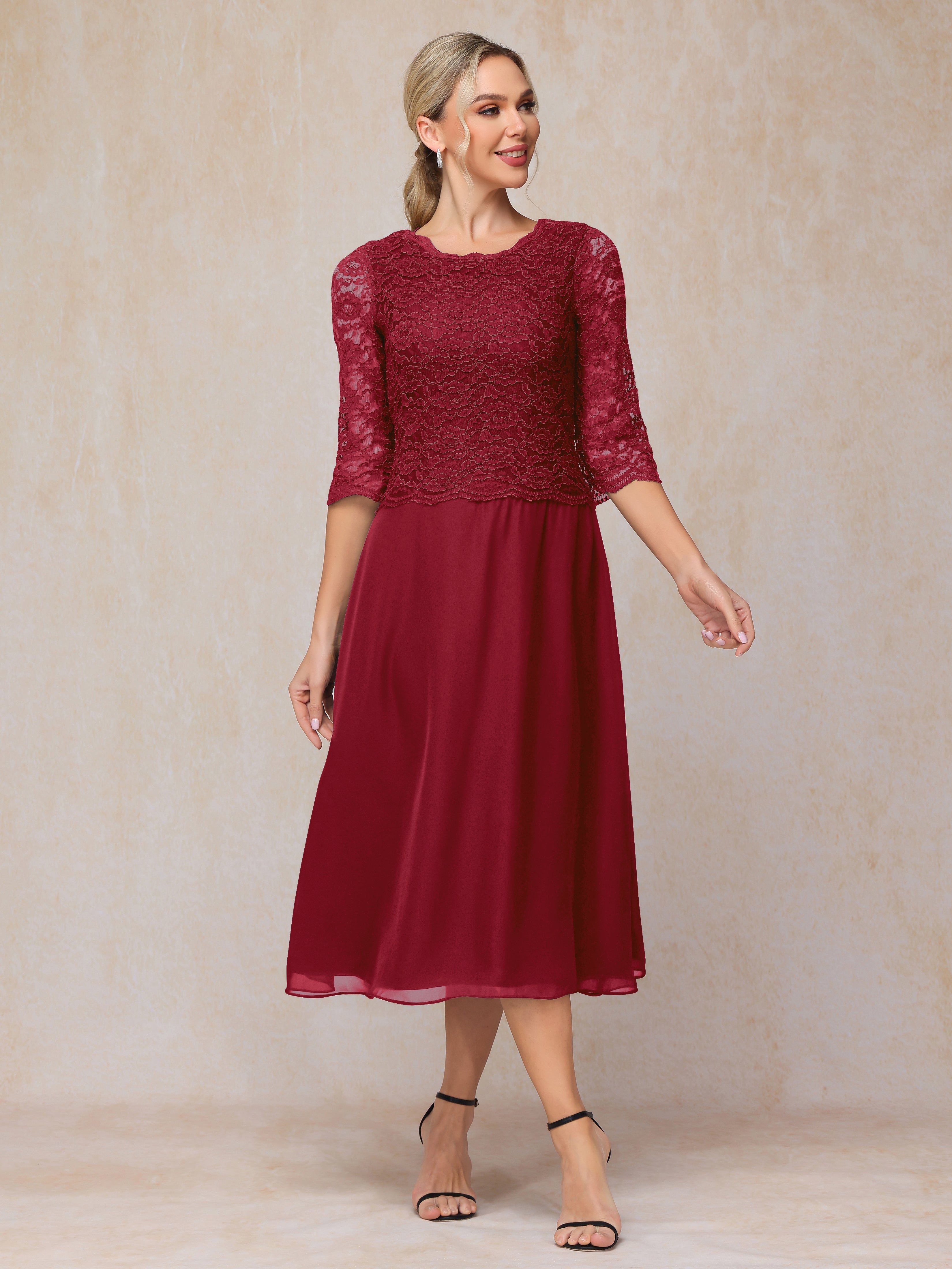 A-Line Tea Length Chiffon Lace Mother Of The Groom Dress