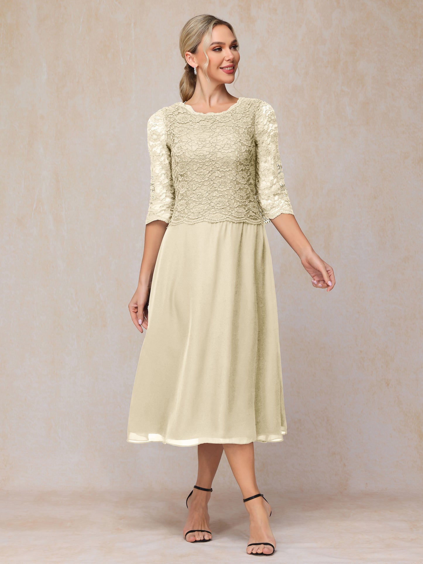 Long Sleeves Tea Length Chiffon Lace Mother Of The Bride Dress