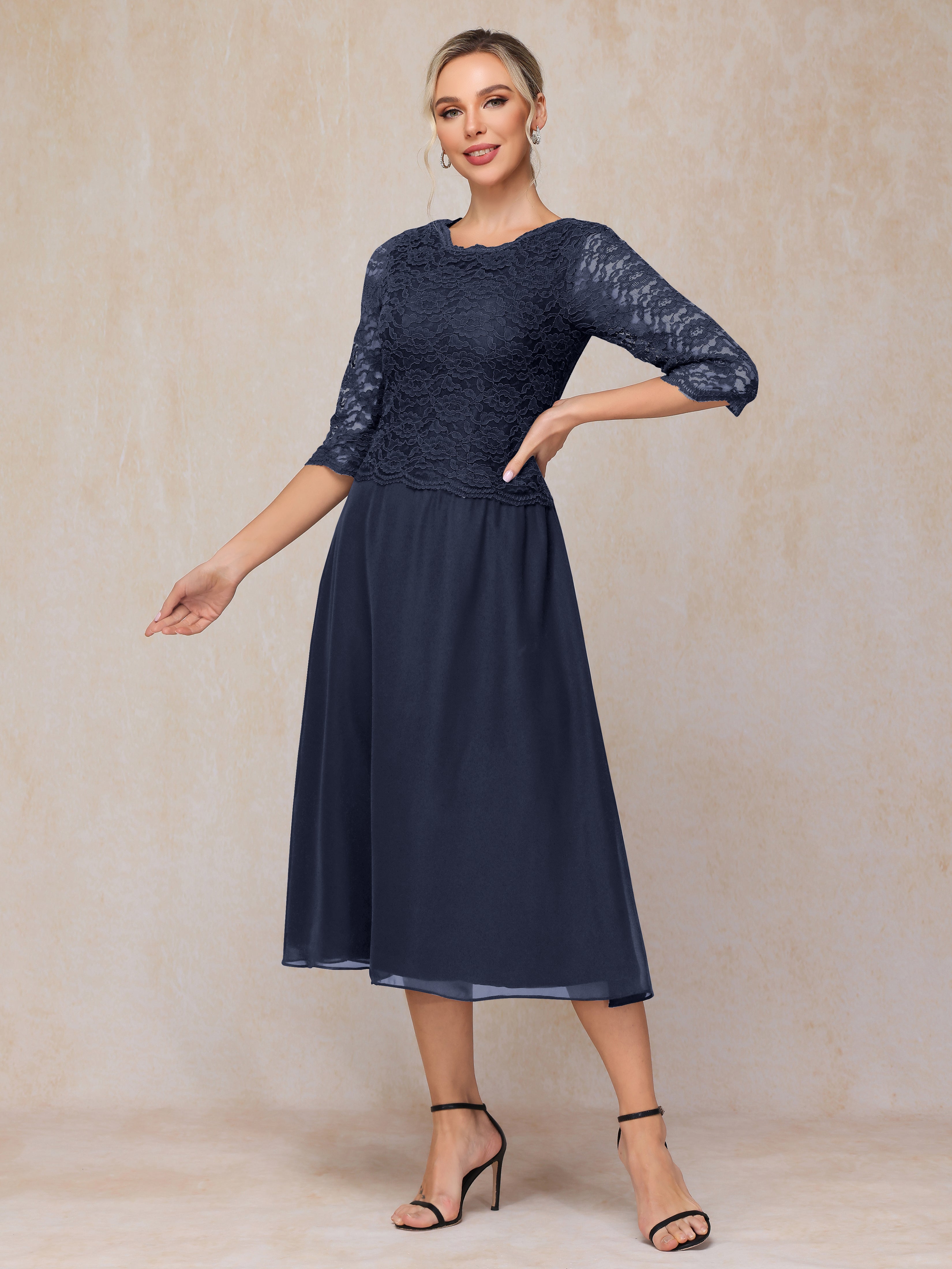 A-Line Tea Length Chiffon Lace Mother Of The Groom Dress