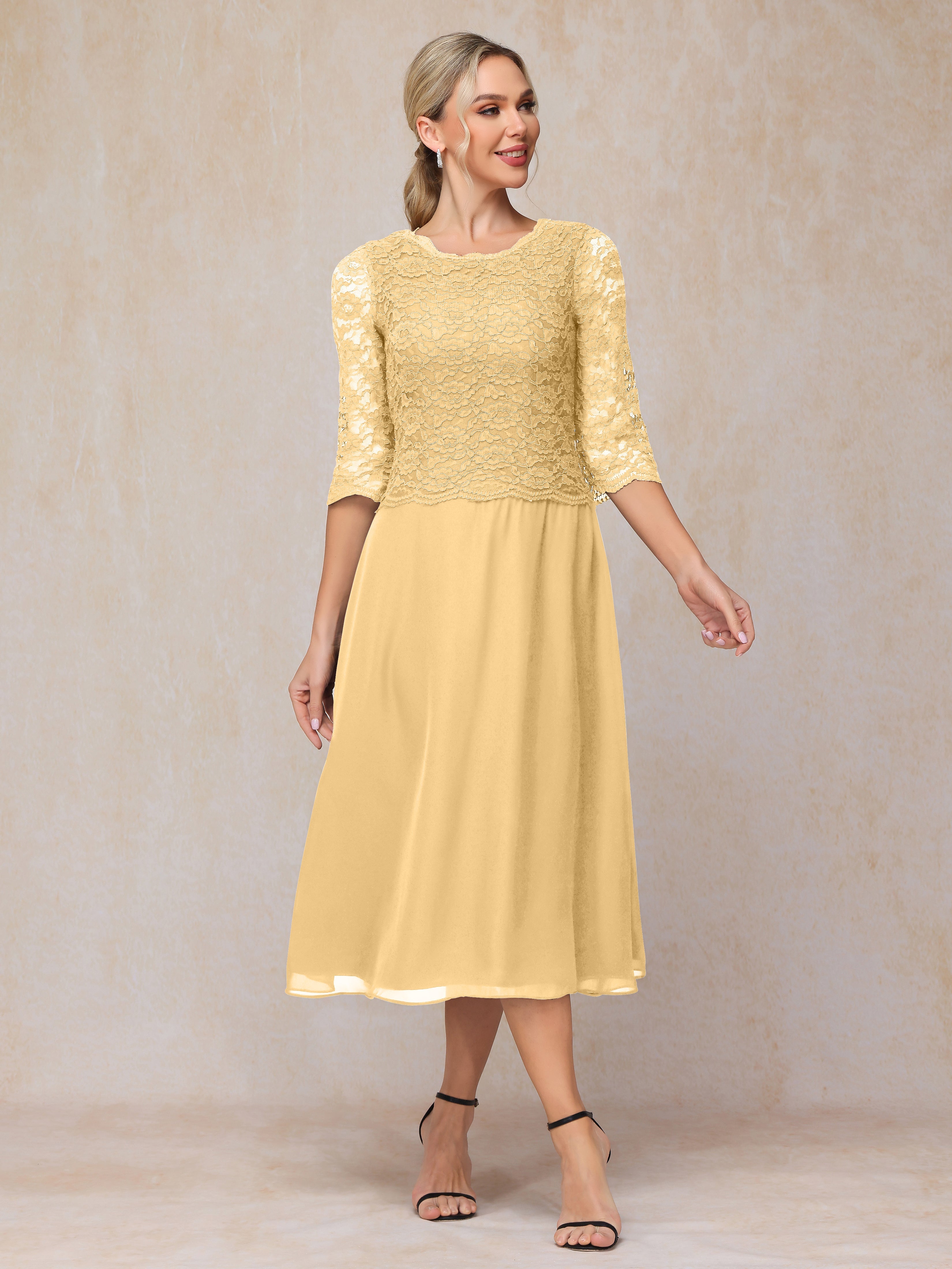 A-Line Tea Length Chiffon Lace Mother Of The Groom Dress