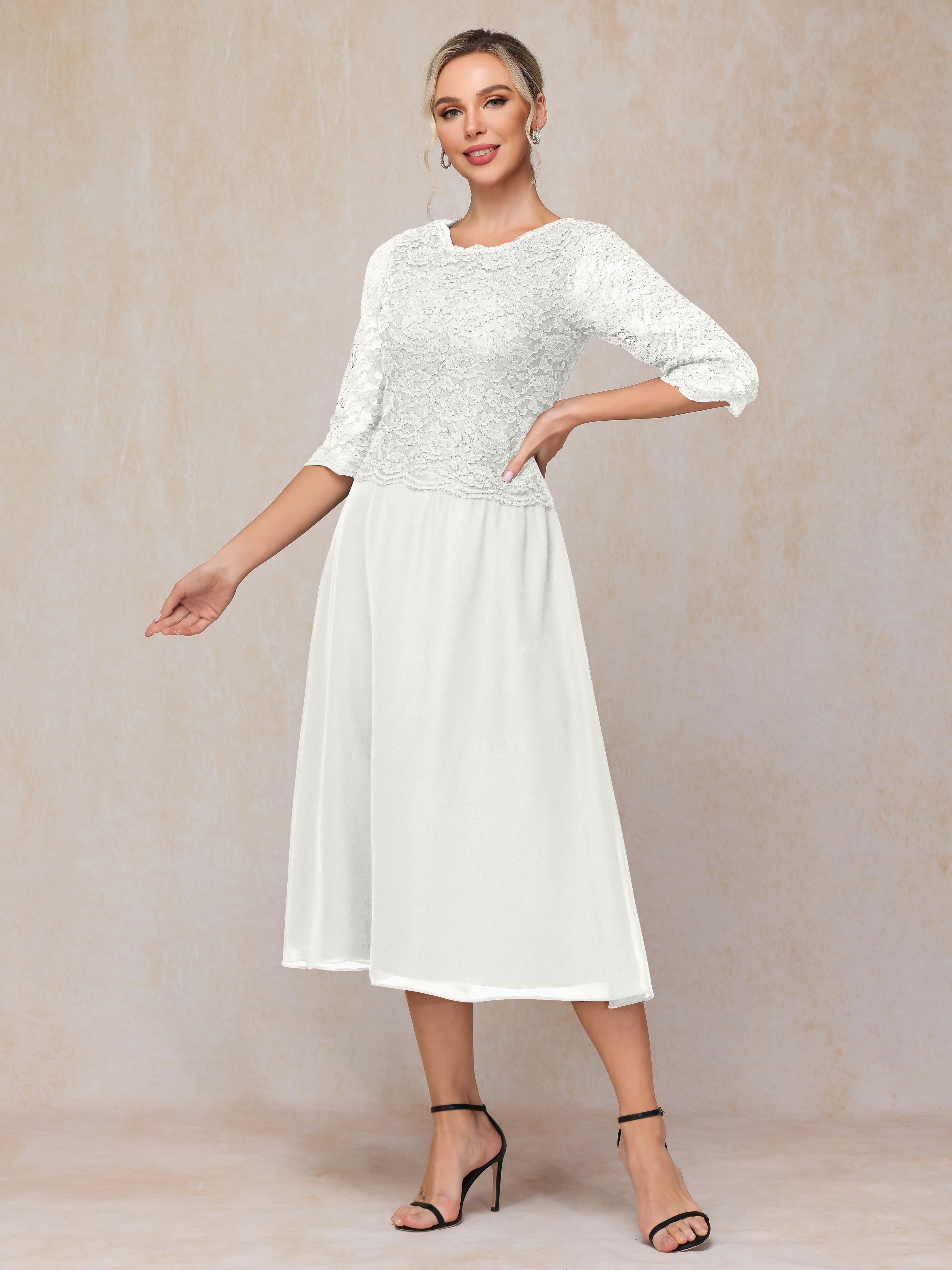 A-Line Tea Length Chiffon Lace Mother Of The Groom Dress