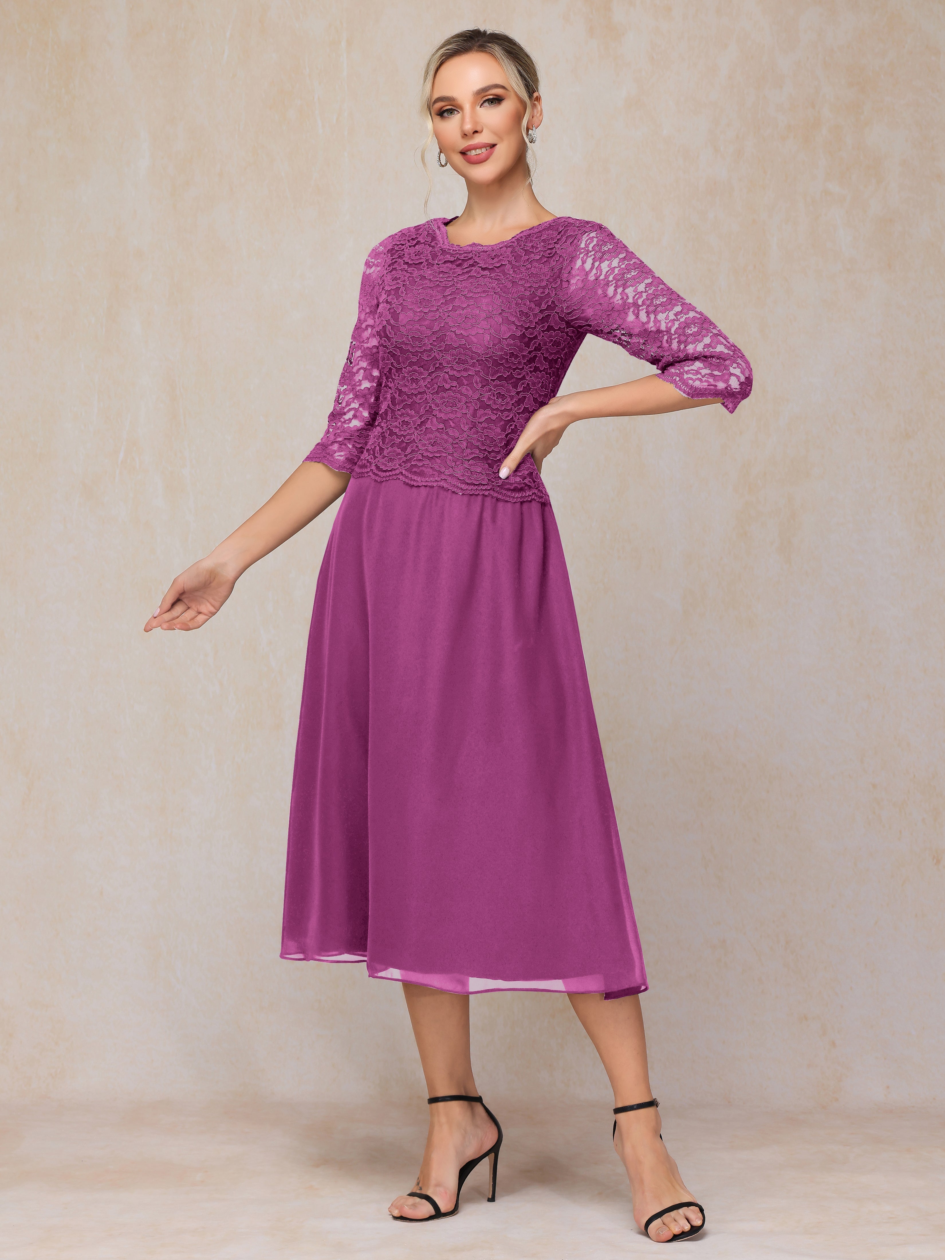 A-Line Tea Length Chiffon Lace Mother Of The Groom Dress