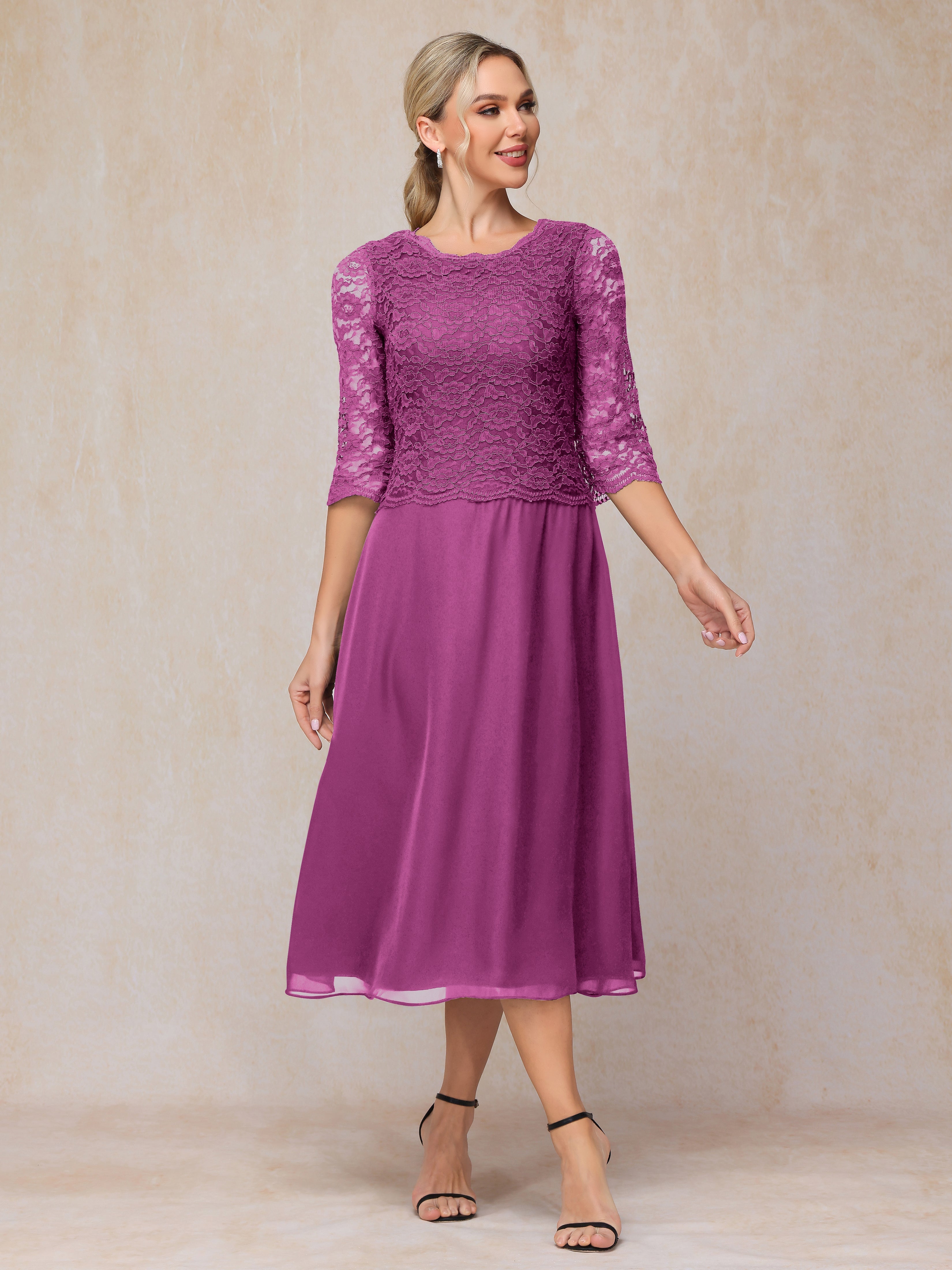A-Line Tea Length Chiffon Lace Mother Of The Groom Dress