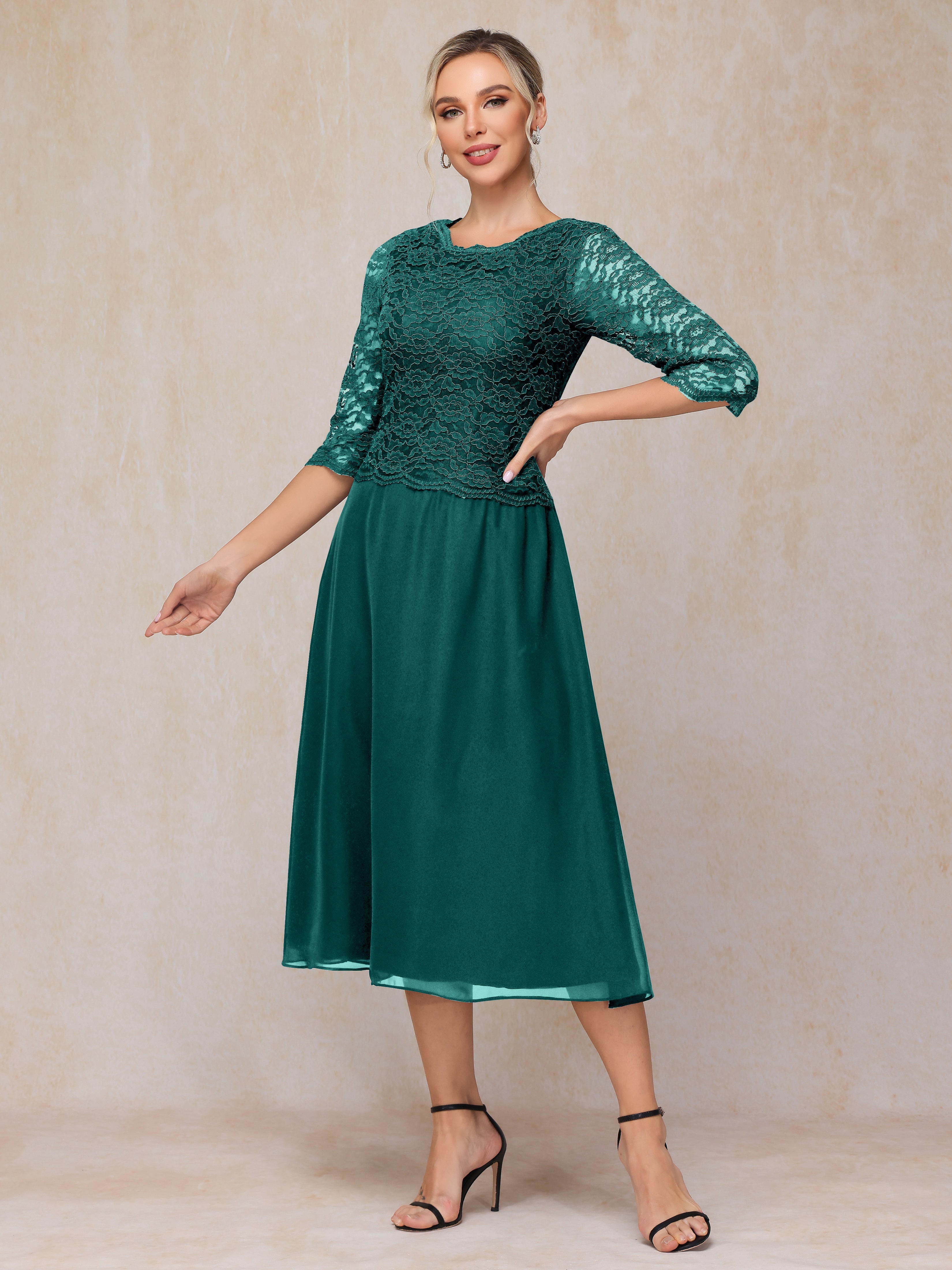 A-Line Tea Length Chiffon Lace Mother Of The Groom Dress
