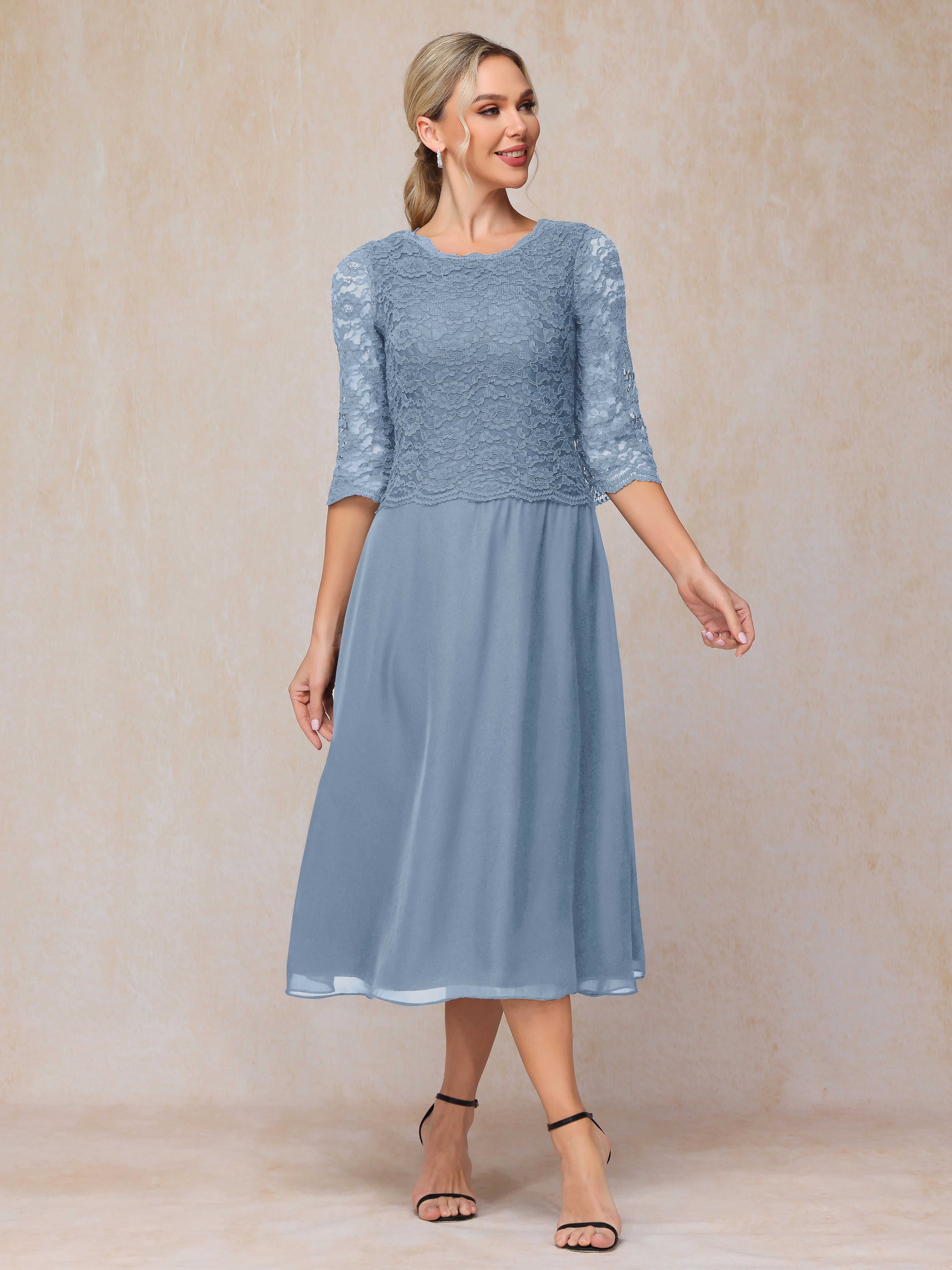 A-Line Tea Length Chiffon Lace Mother Of The Groom Dress