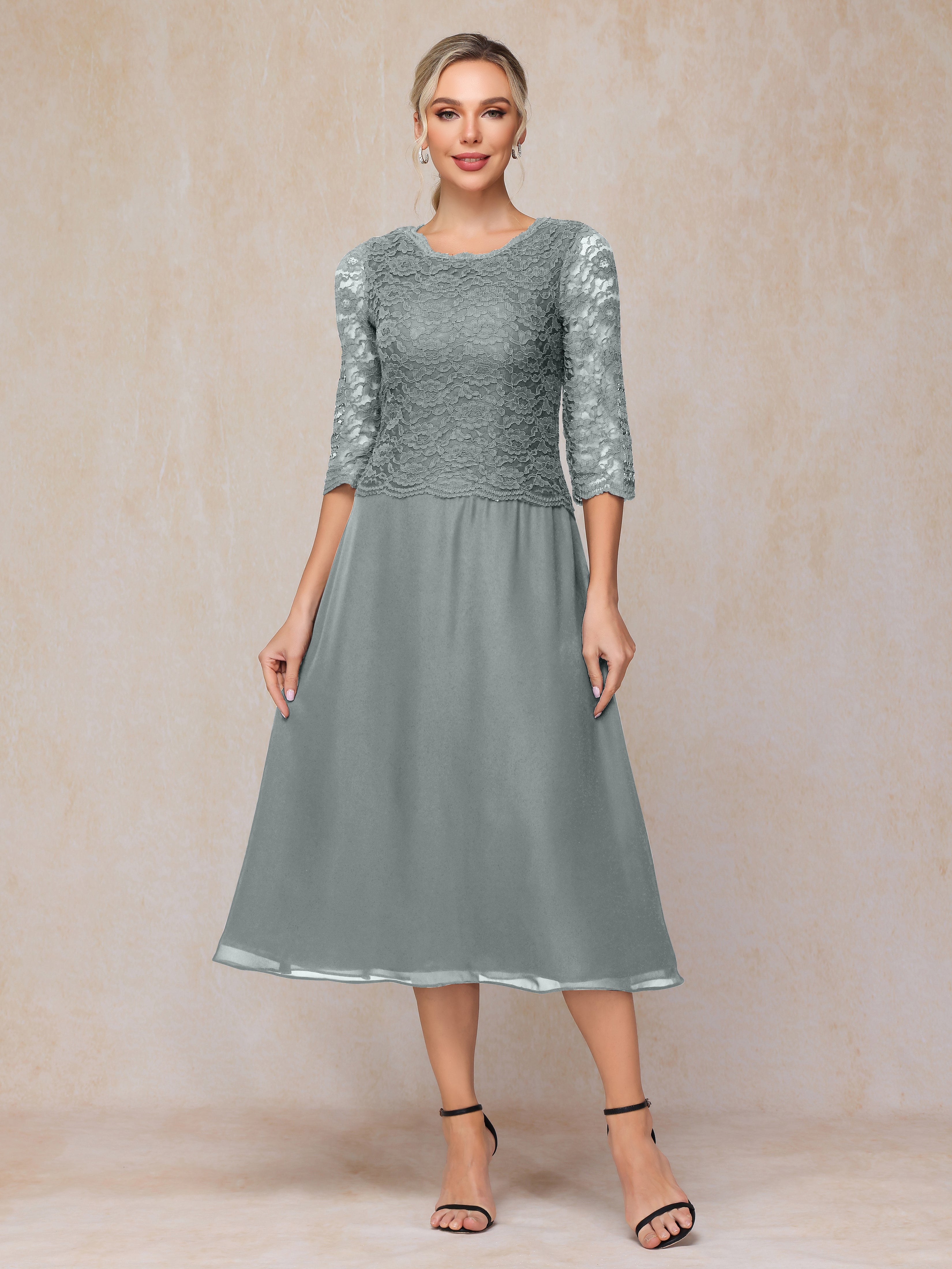 A-Line Tea Length Chiffon Lace Mother Of The Bride Dress