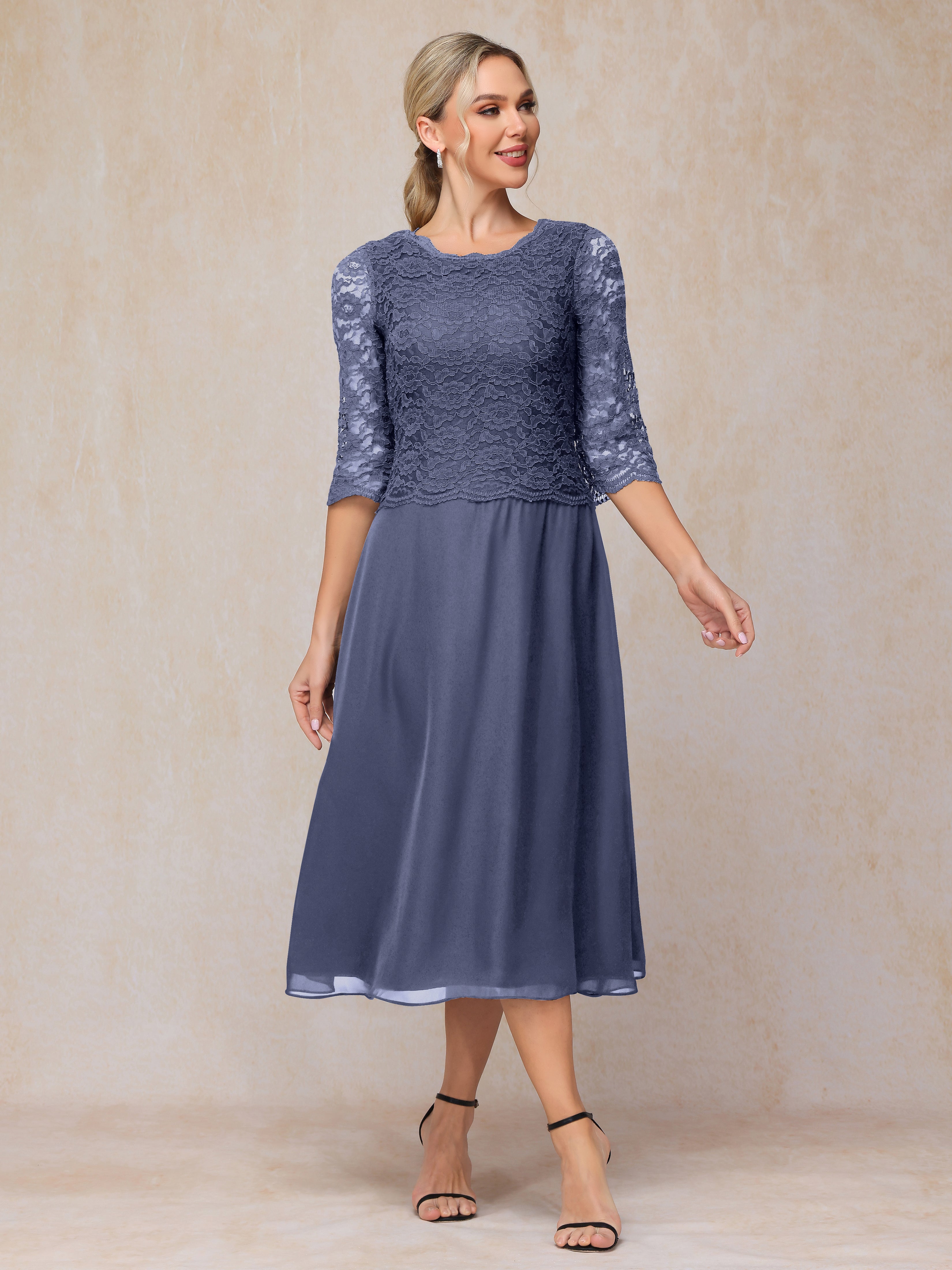 A-Line Tea Length Chiffon Lace Mother Of The Groom Dress