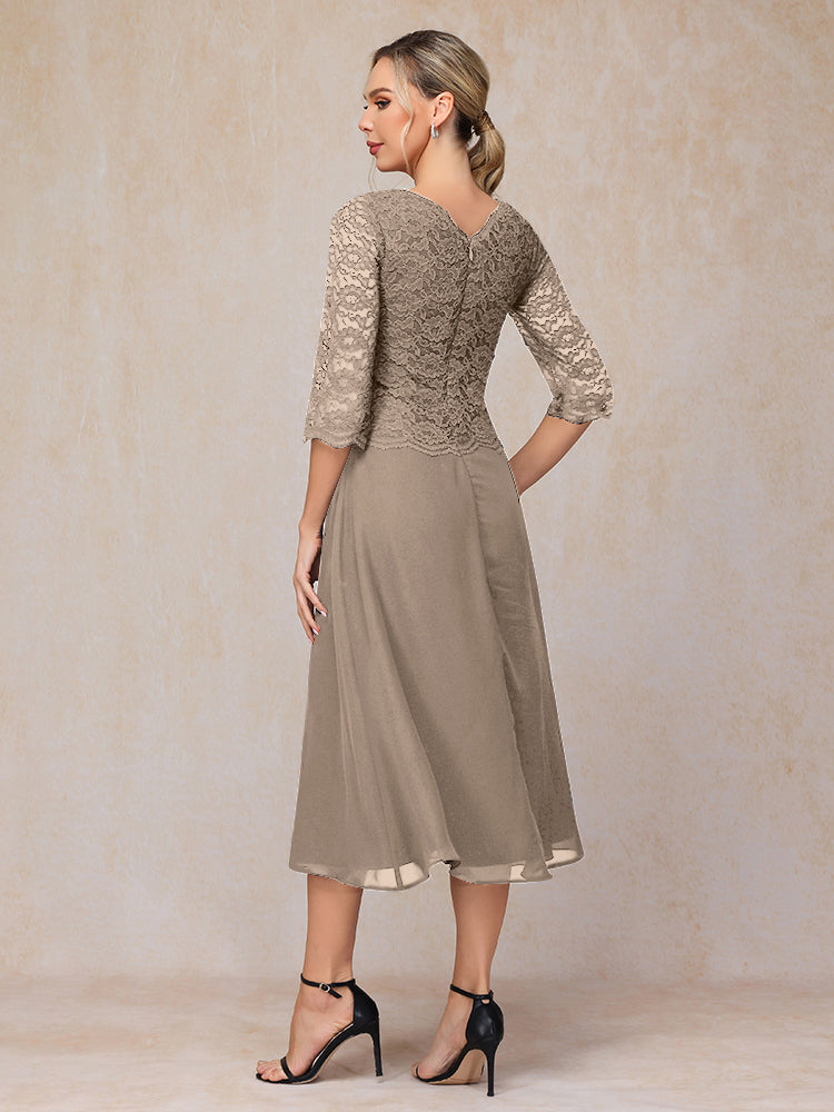 A-Line Tea Length Chiffon Lace Mother Of The Bride Dress
