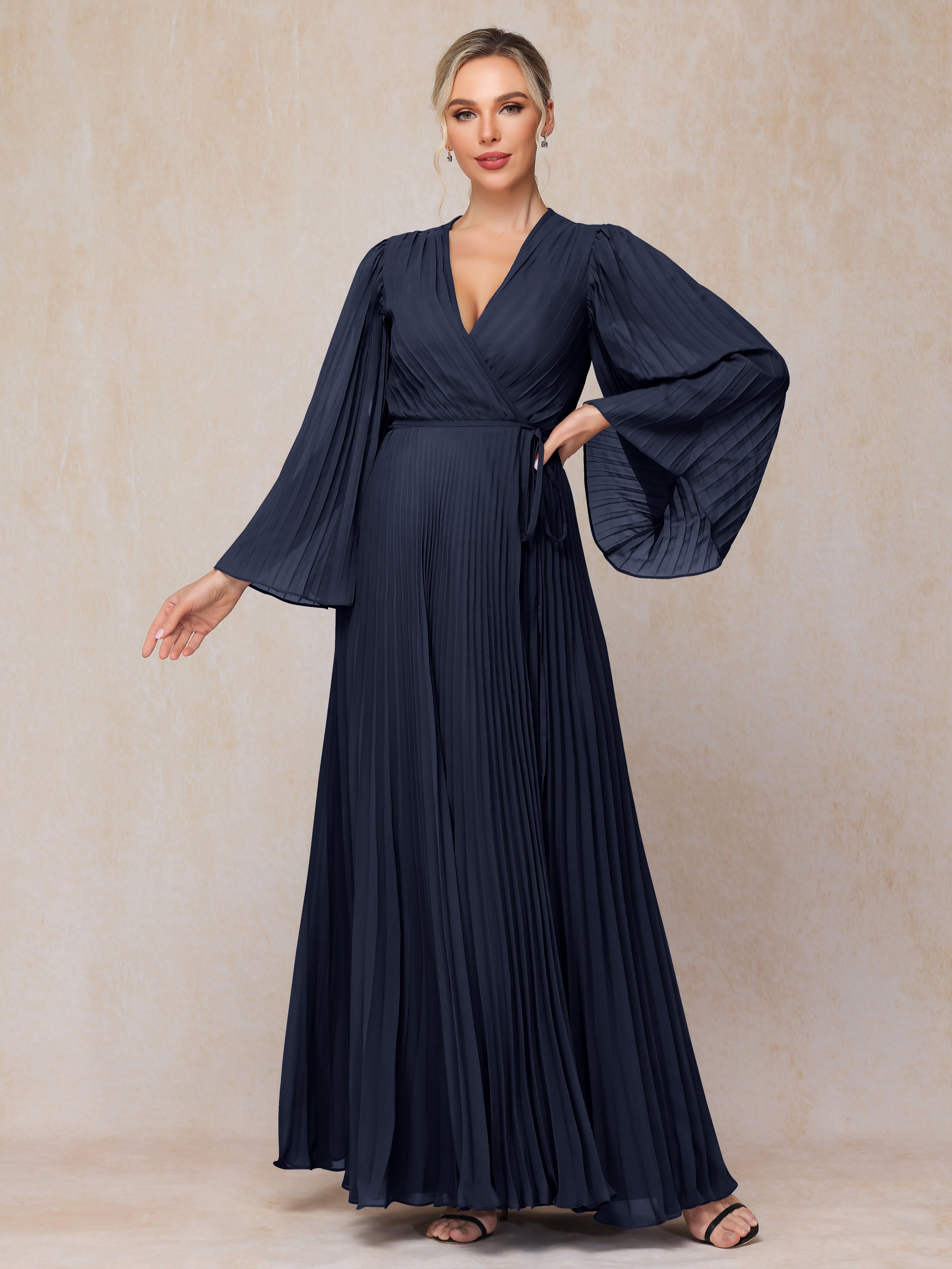 Long Sleeves Floor Length Chiffon Mother of The Bride Dress, Dark_Navy Long Sleeves Floor Length Chiffon Mother of The Bride Dress, Dark_Navy