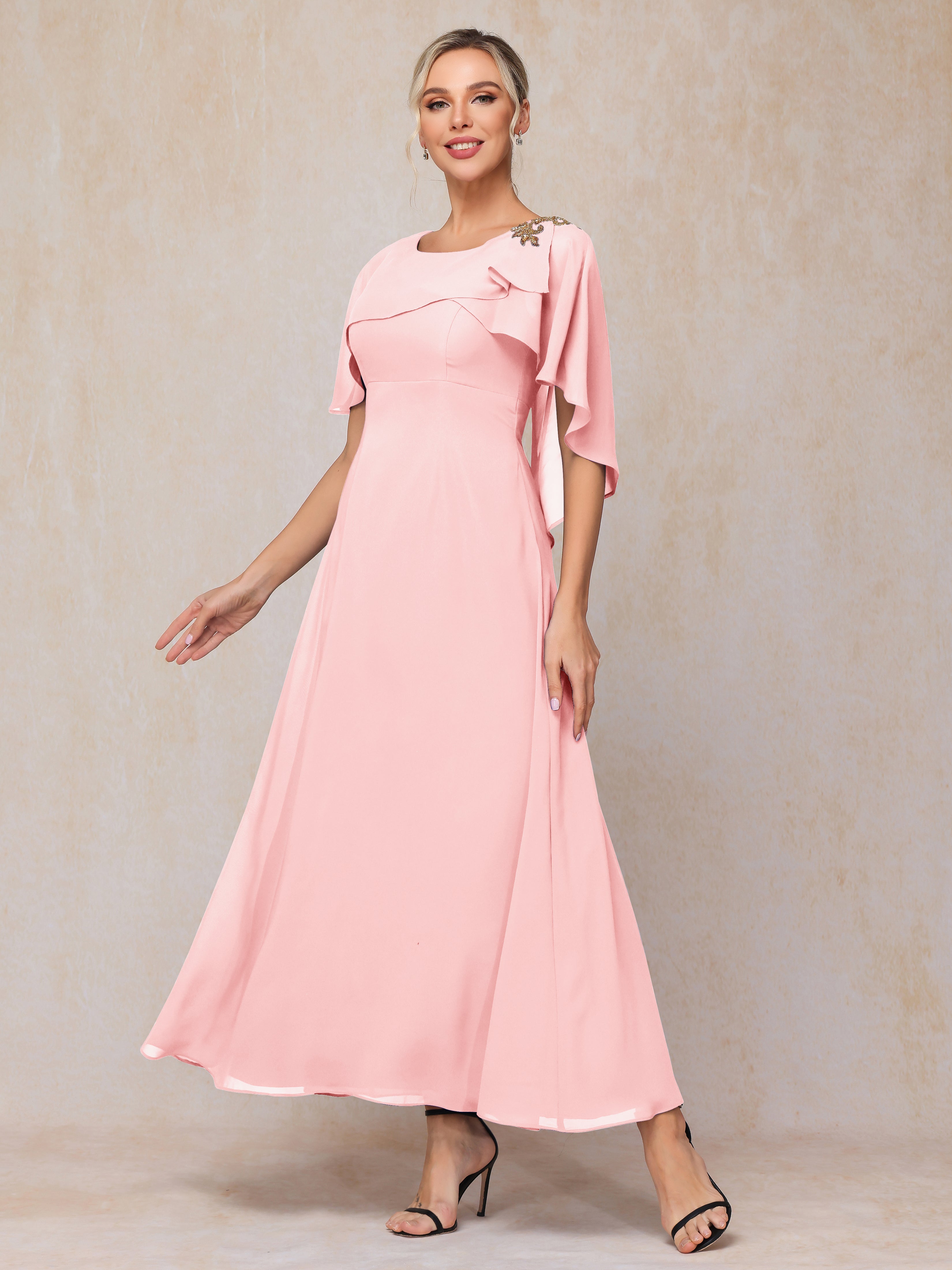 Formal Short Sleeves Ankle Length Chiffon Wedding Guest Dresses