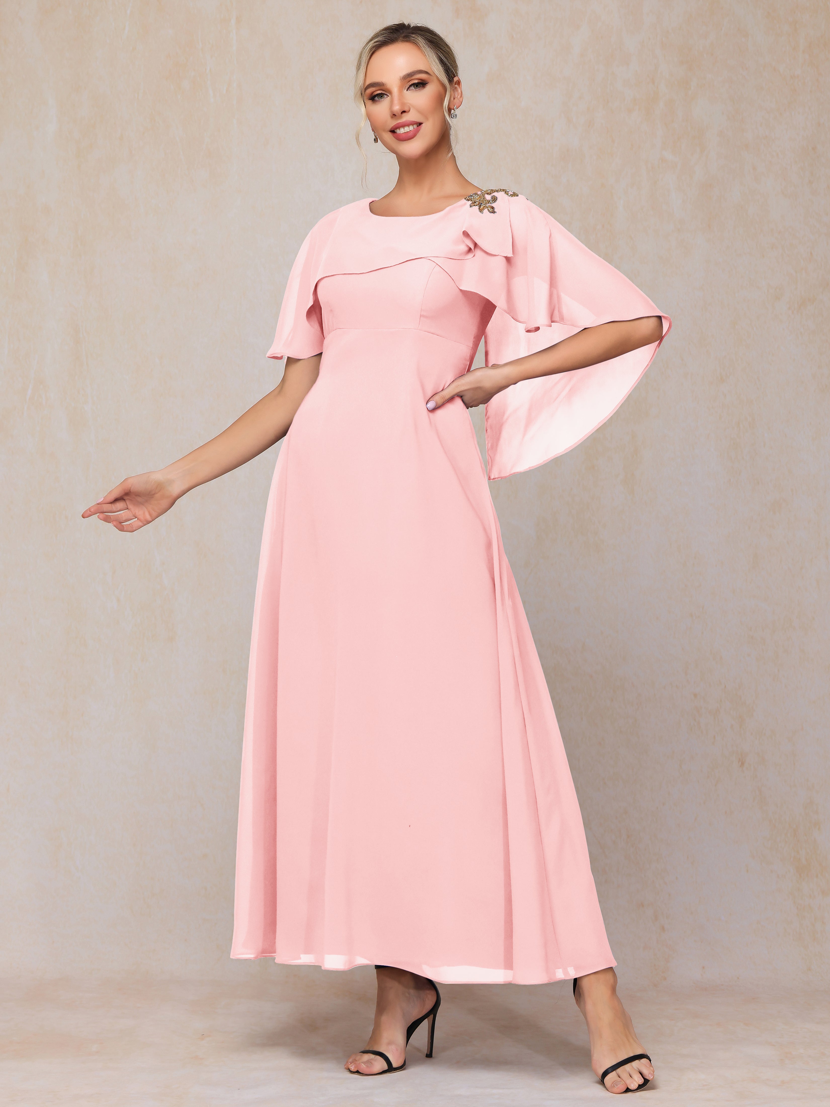 Formal Short Sleeves Ankle Length Chiffon Wedding Guest Dresses