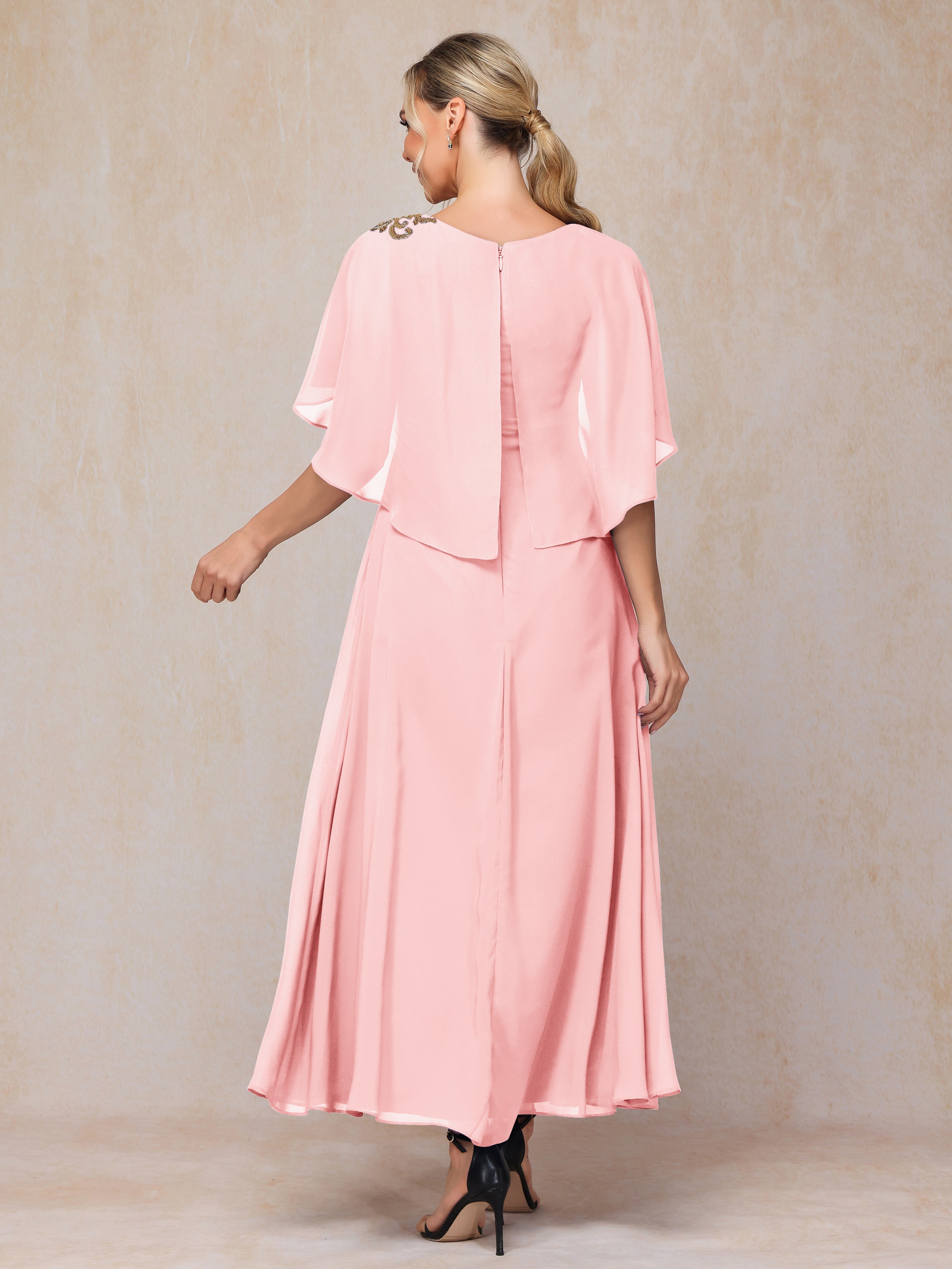 Formal Short Sleeves Ankle Length Chiffon Wedding Guest Dresses