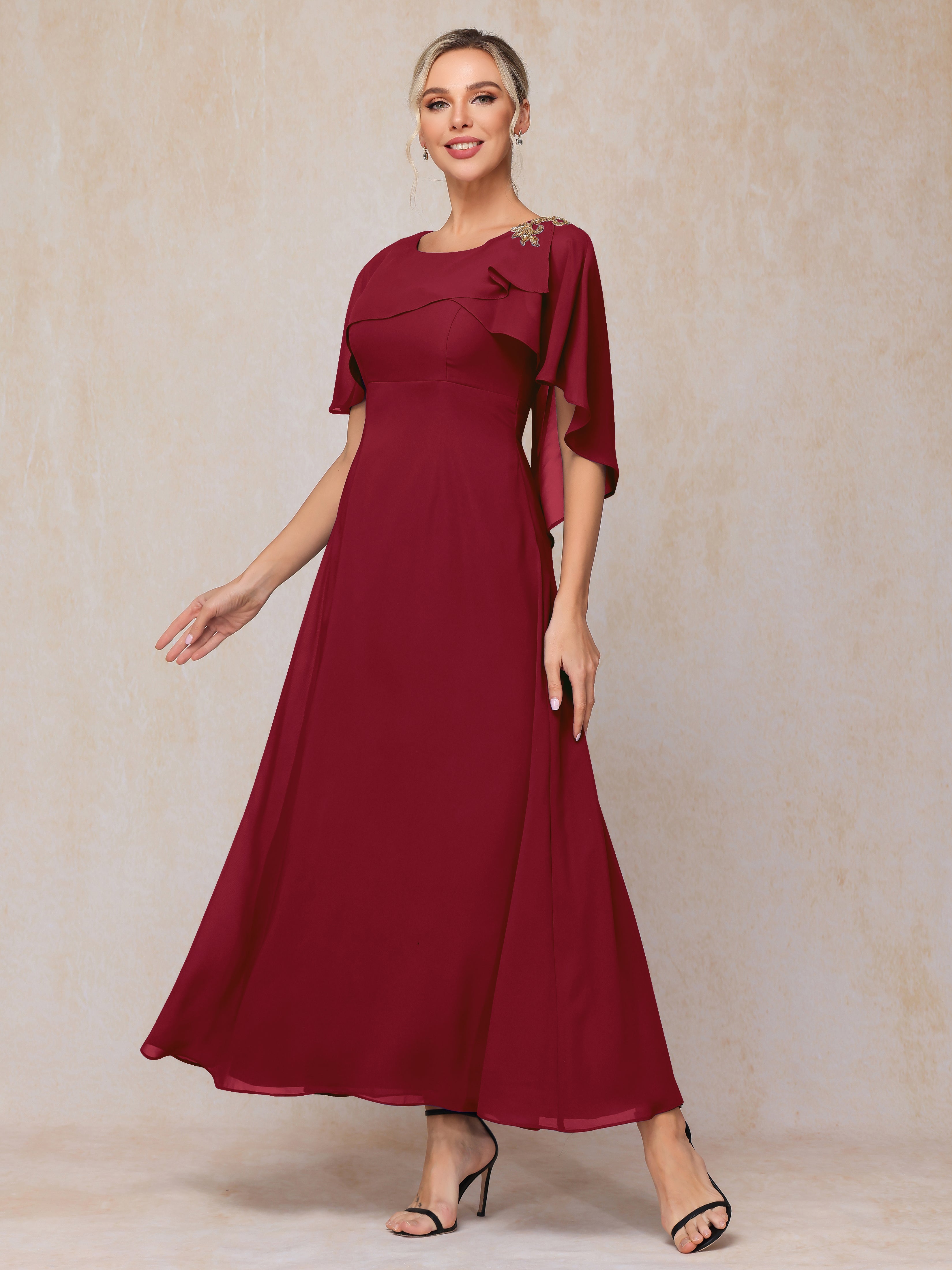 Formal Short Sleeves Ankle Length Chiffon Wedding Guest Dresses