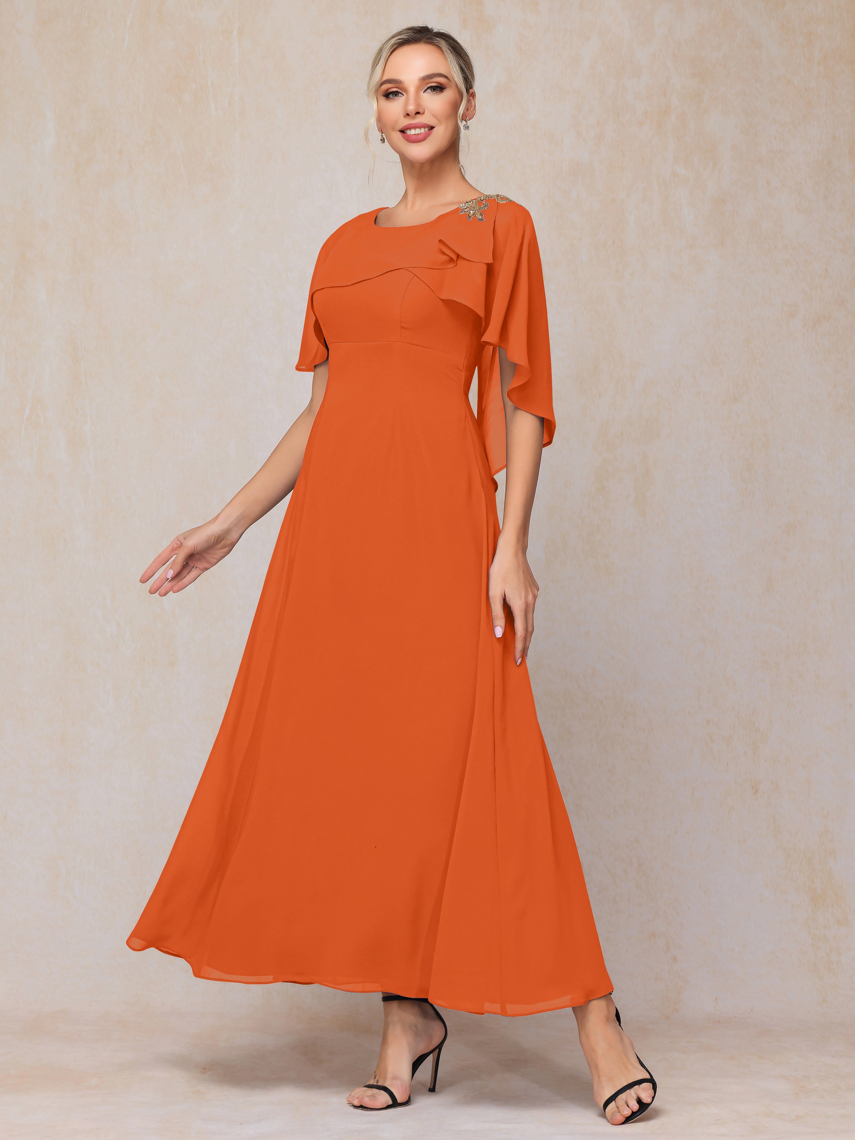 Formal Short Sleeves Ankle Length Chiffon Wedding Guest Dresses