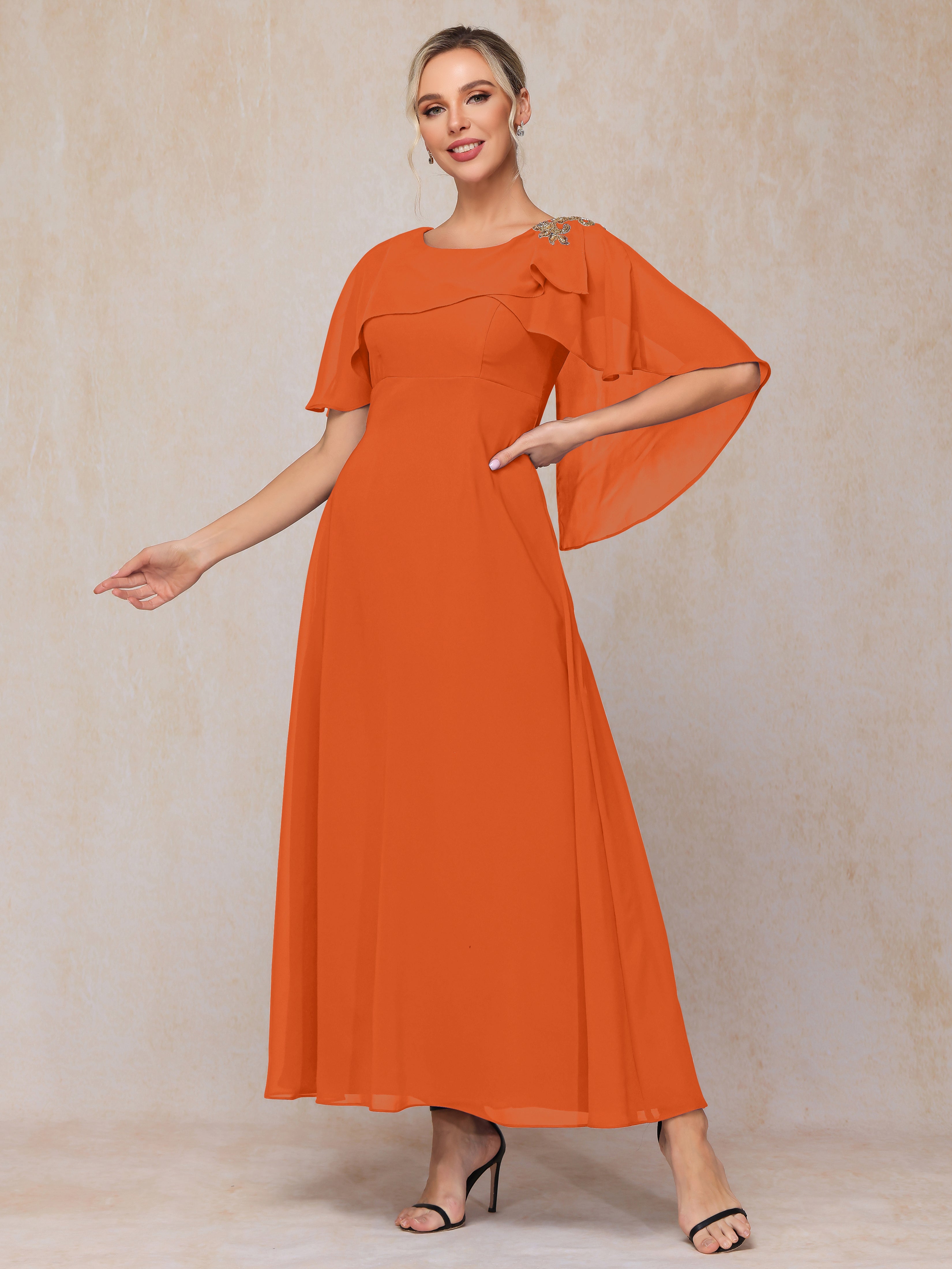 Formal Short Sleeves Ankle Length Chiffon Wedding Guest Dresses