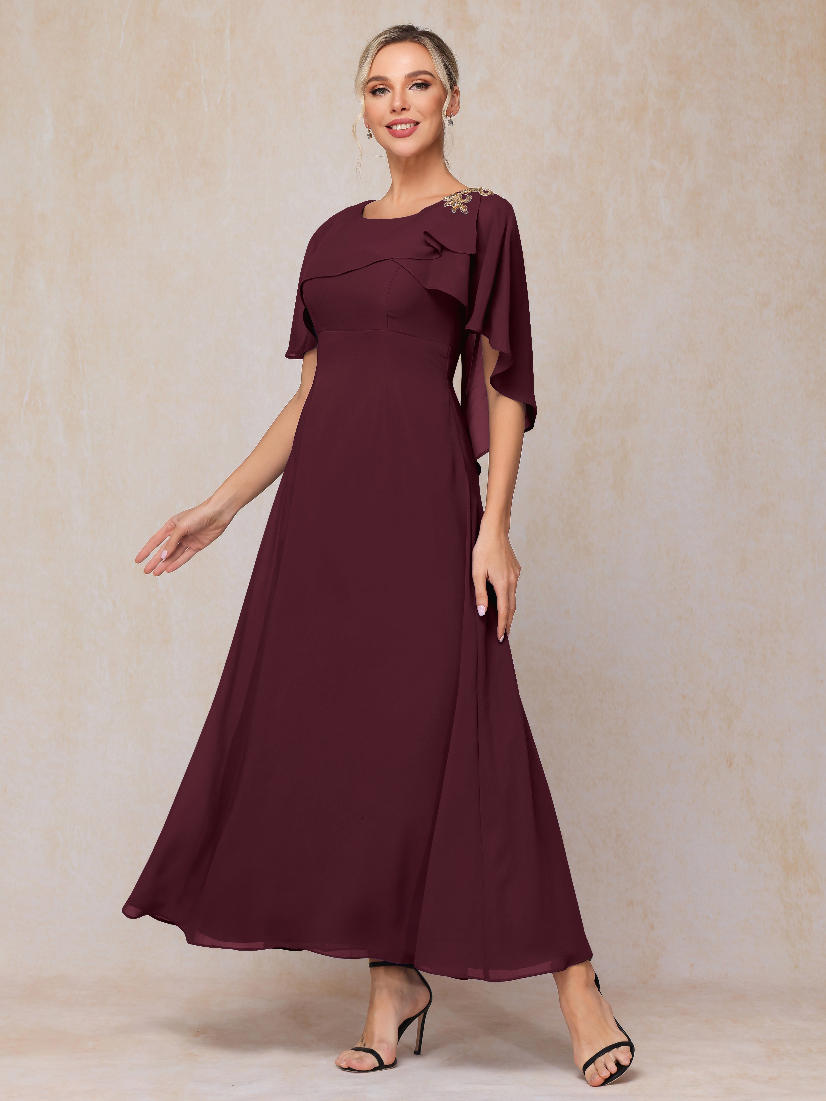 Formal Short Sleeves Ankle Length Chiffon Wedding Guest Dresses