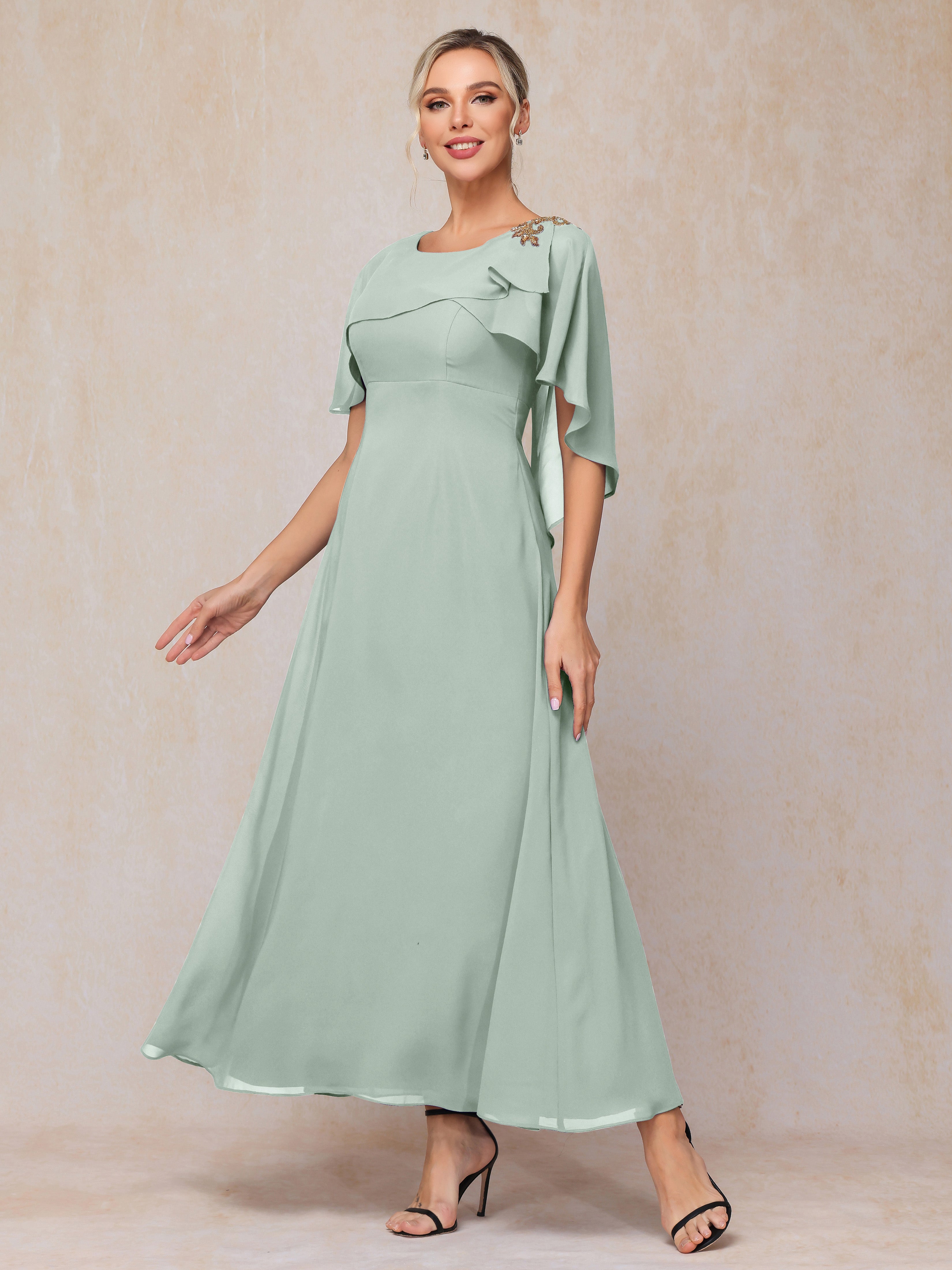 Formal Short Sleeves Ankle Length Chiffon Wedding Guest Dresses
