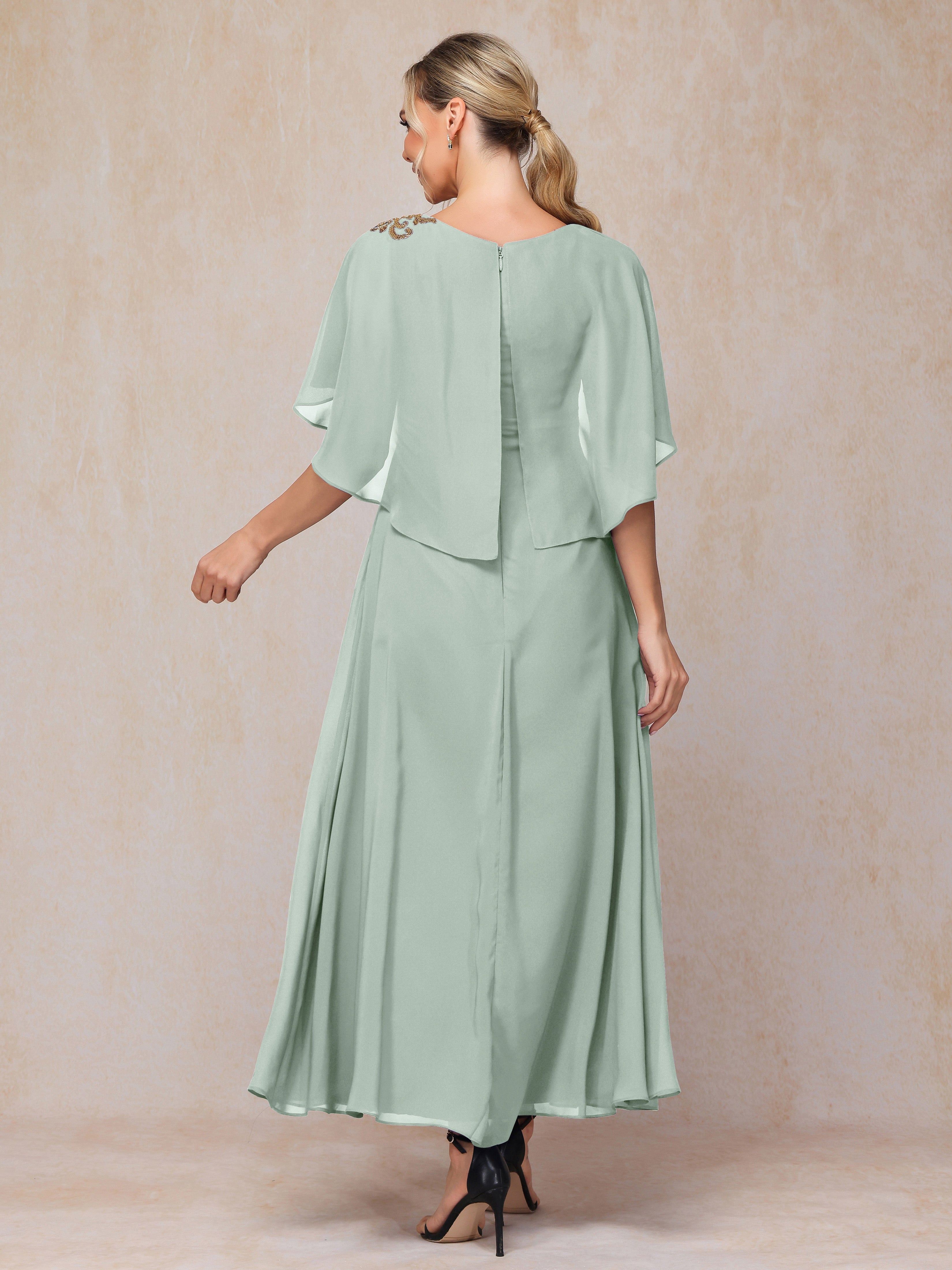 Formal Short Sleeves Ankle Length Chiffon Wedding Guest Dresses