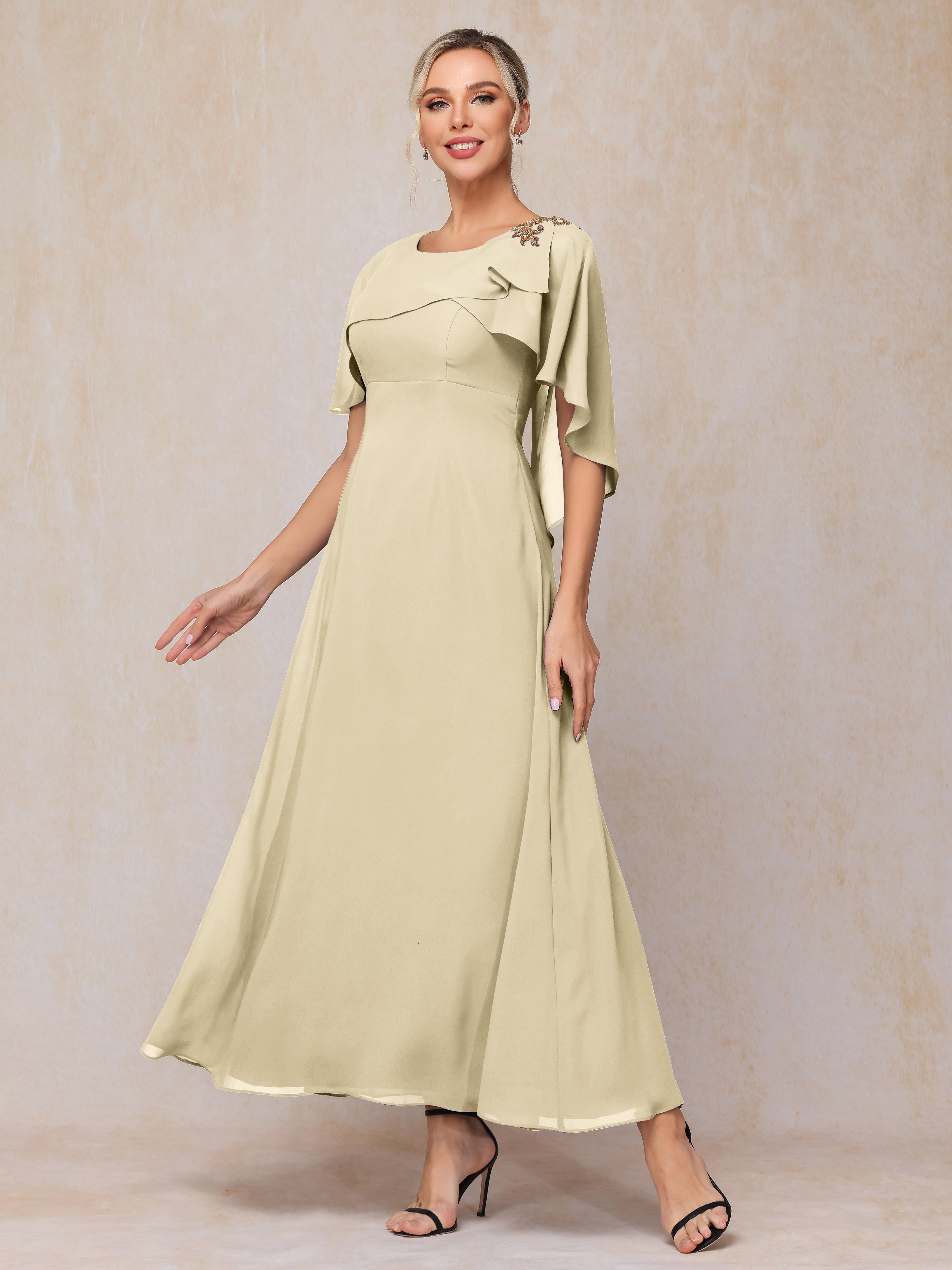 Formal Short Sleeves Ankle Length Chiffon Wedding Guest Dresses