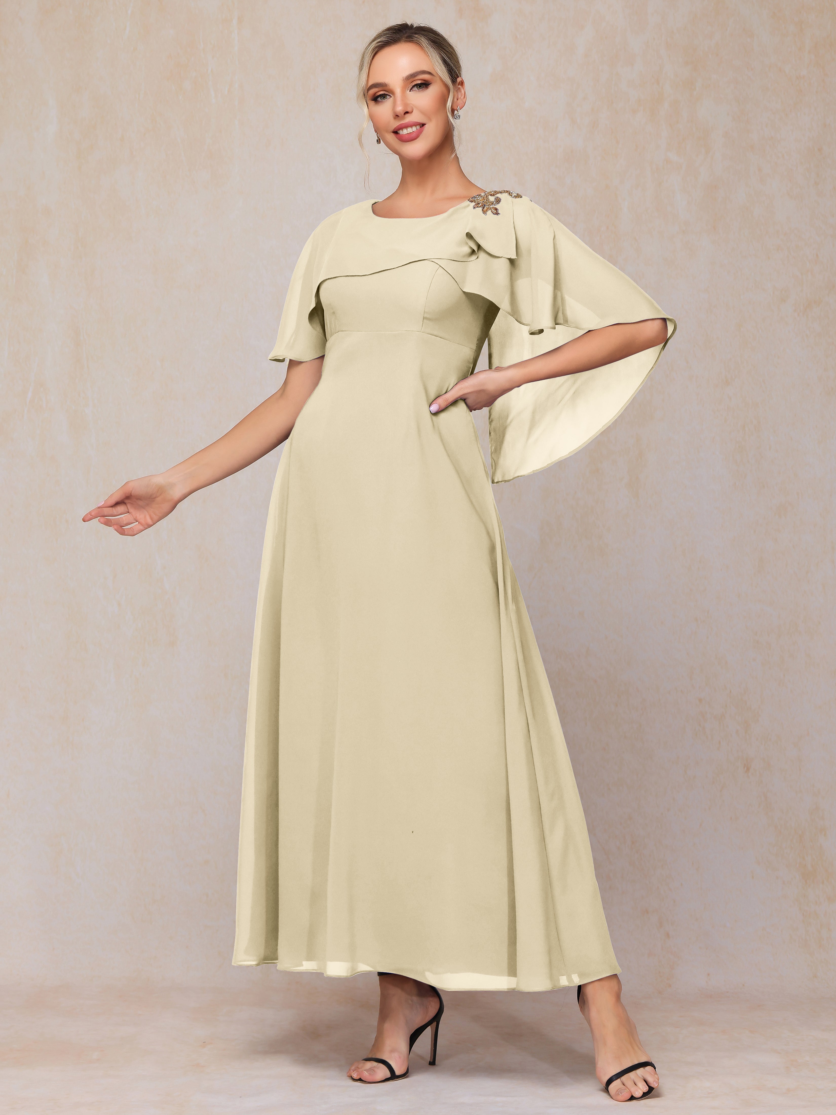 Formal Short Sleeves Ankle Length Chiffon Wedding Guest Dresses